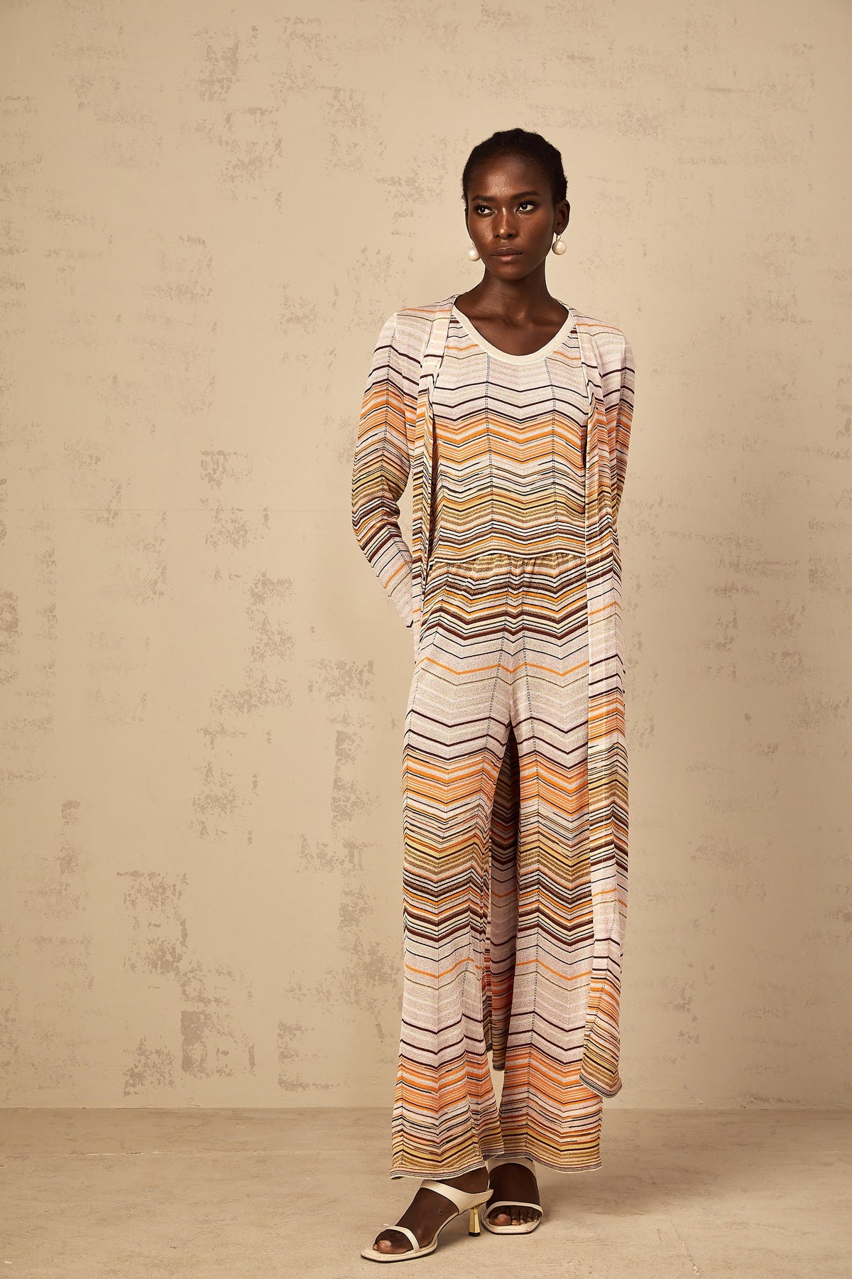 Chloé Neutral Striped Knit Long Cardigan
