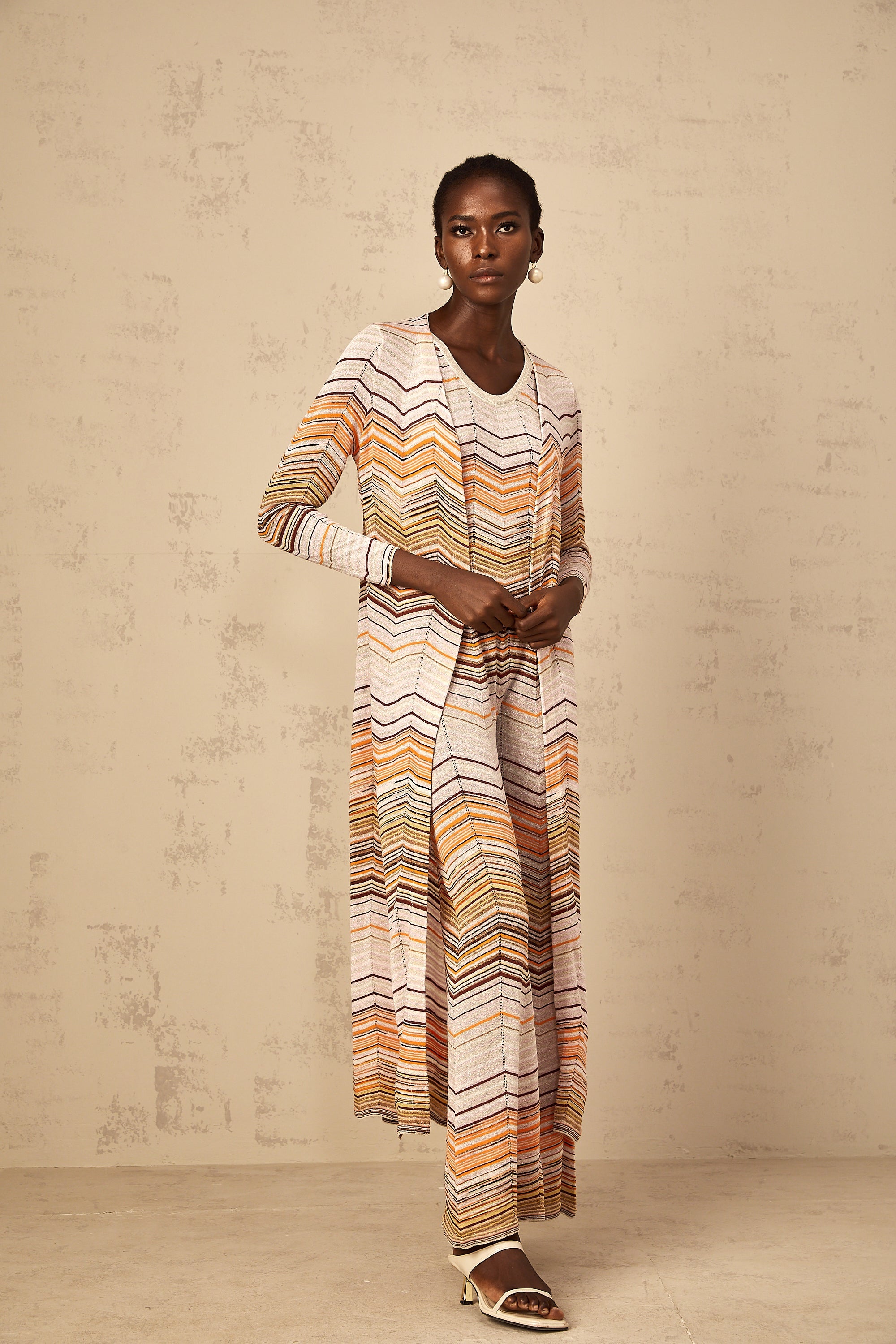 Chloé Neutral Striped Knit Long Cardigan
