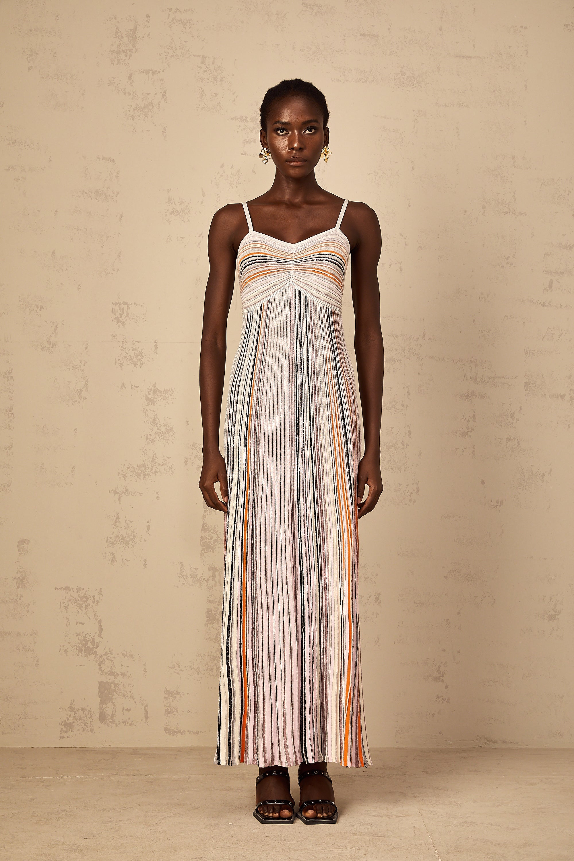 Bruyère Neutral Sequin Striped Knit Maxi Dress