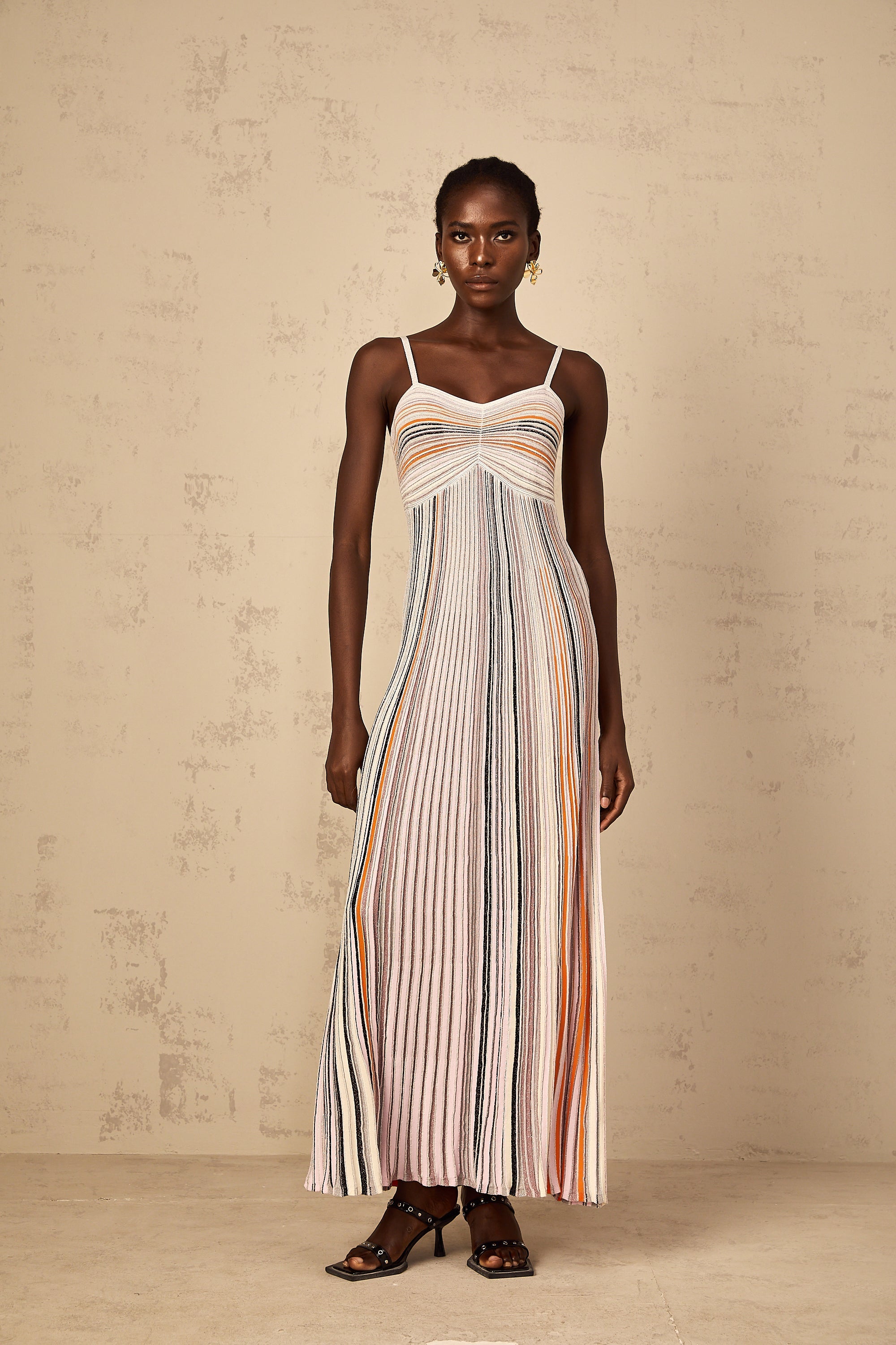 Bruyère Neutral Sequin Striped Knit Maxi Dress