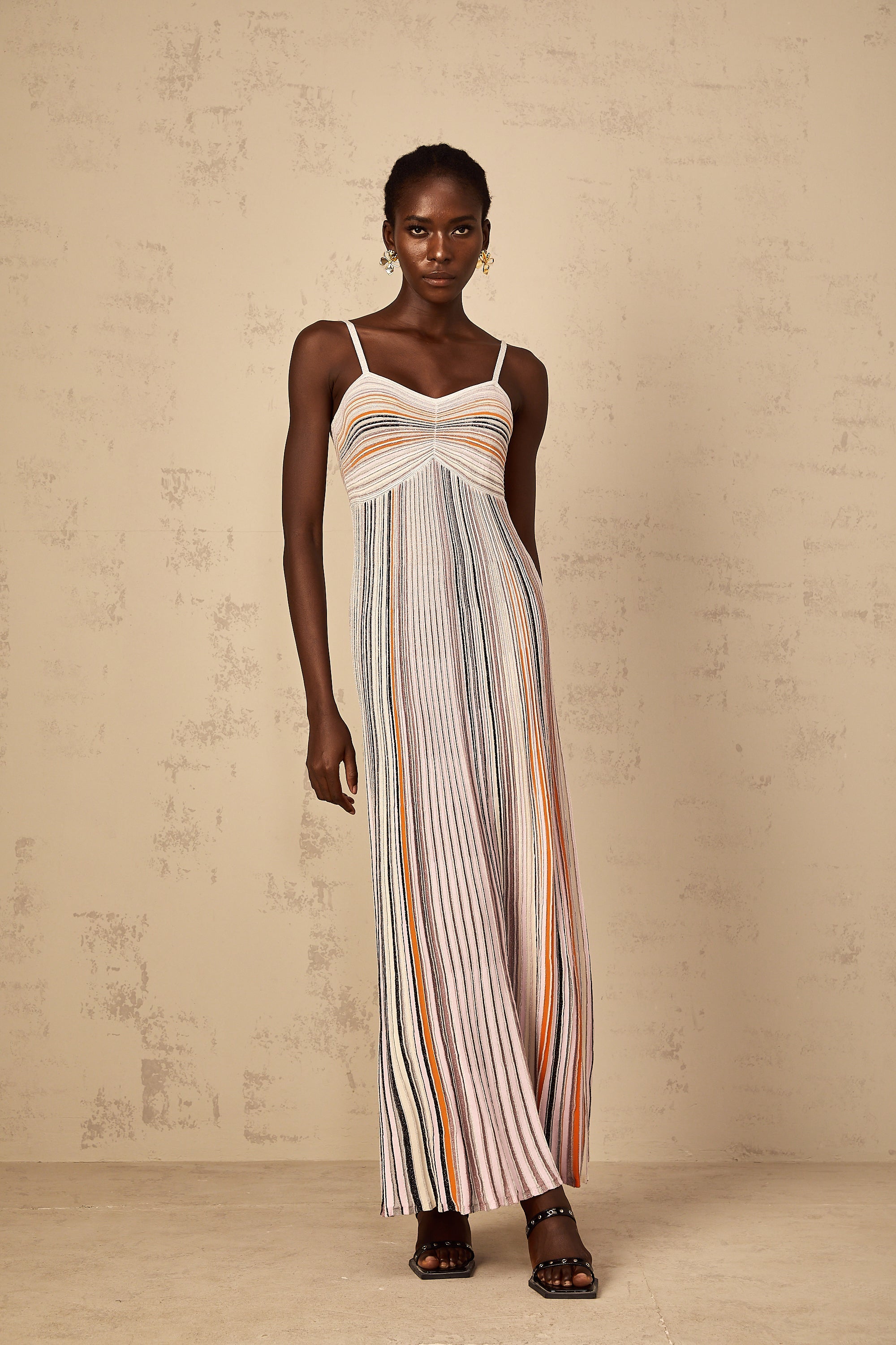 Bruyère Neutral Sequin Striped Knit Maxi Dress