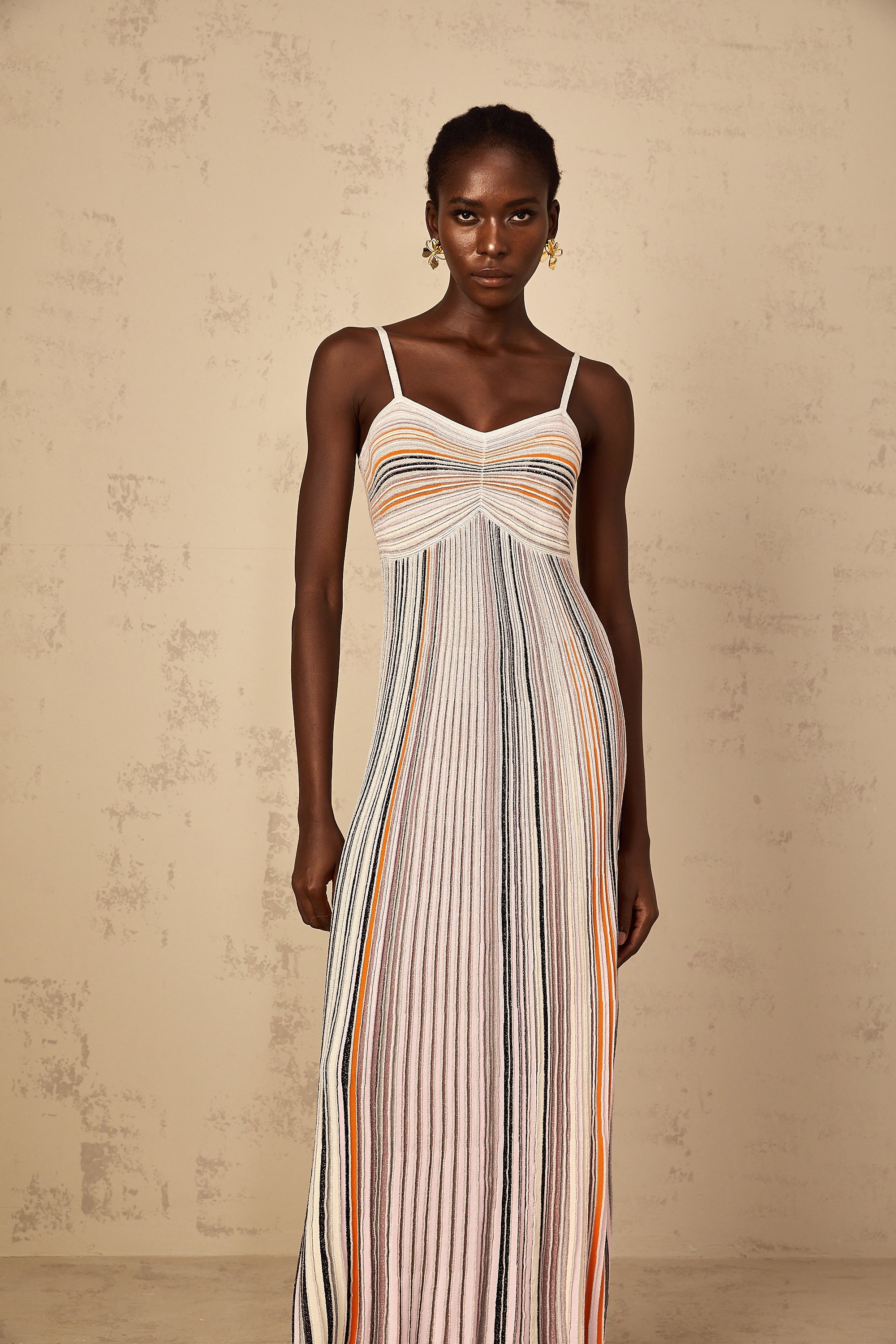 Bruyère Neutral Sequin Striped Knit Maxi Dress