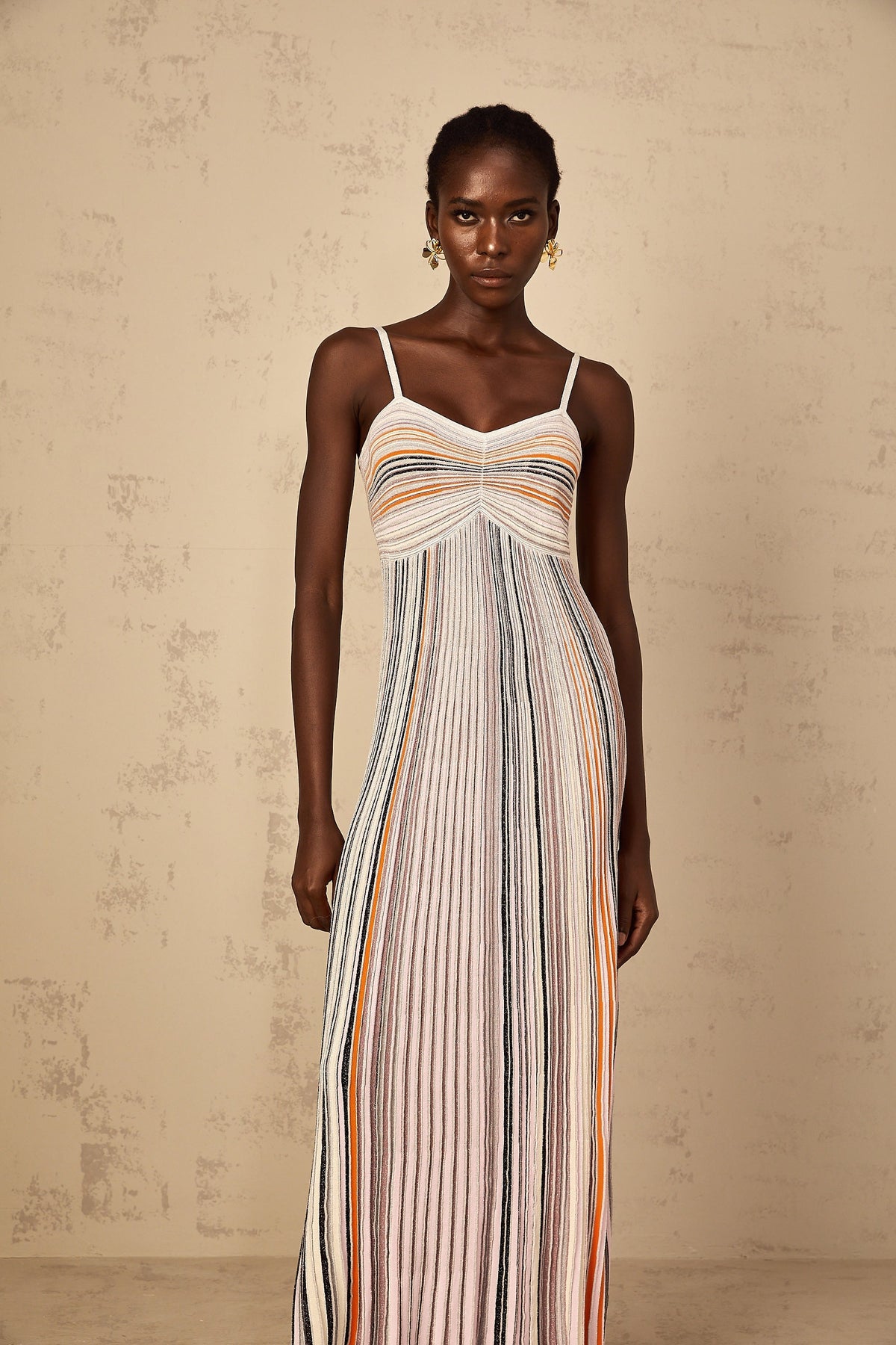 Bruyère Neutral Sequin Striped Knit Maxi Dress