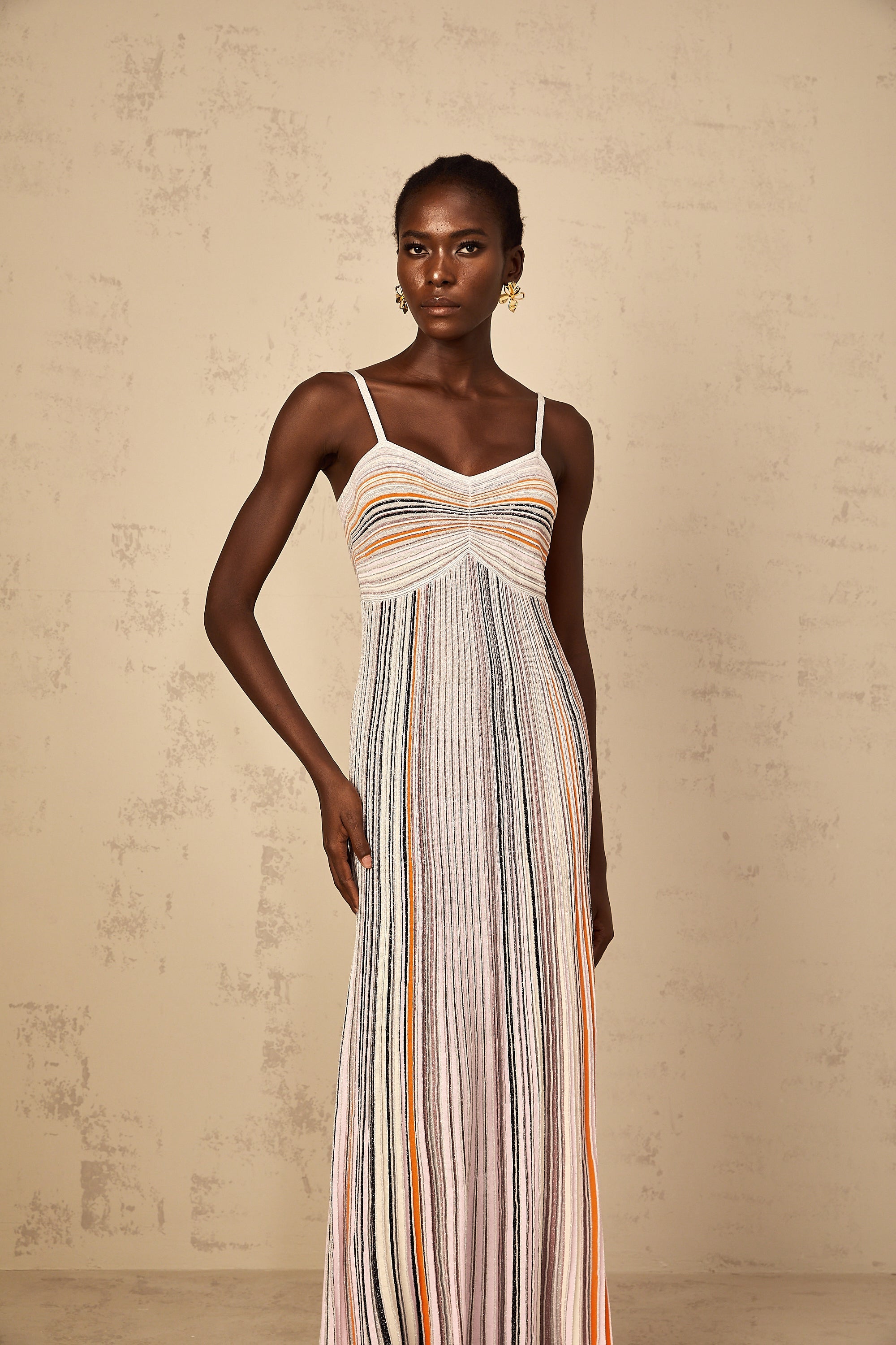 Bruyère Neutral Sequin Striped Knit Maxi Dress