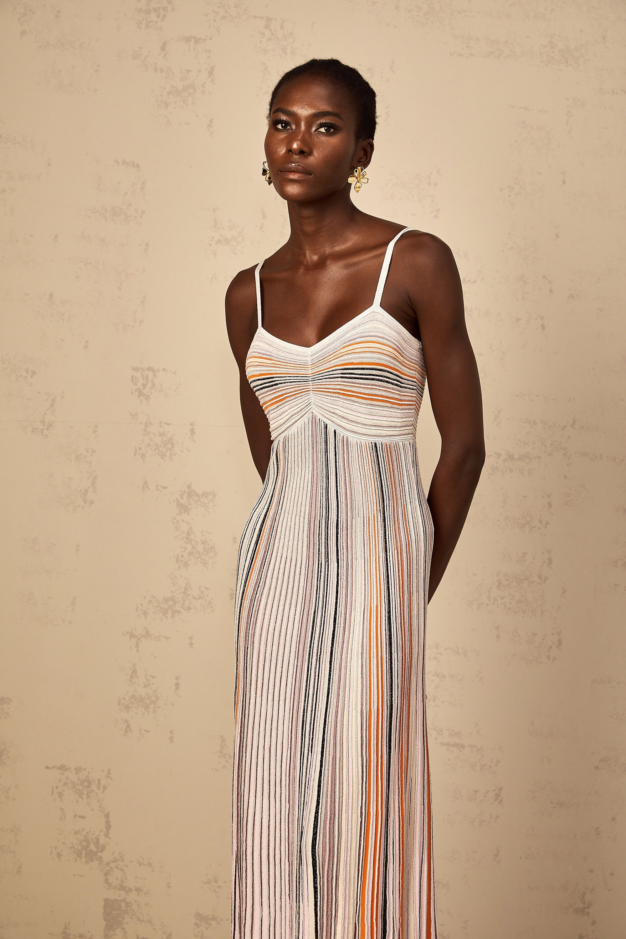 Bruyère Neutral Sequin Striped Knit Maxi Dress
