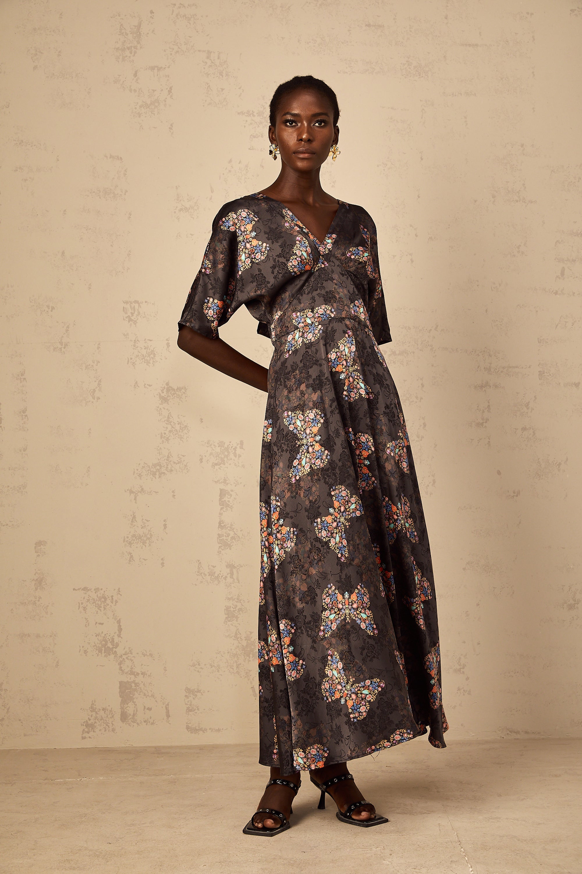 Glannon Black Self-Tie Butterfly Print Maxi Dress