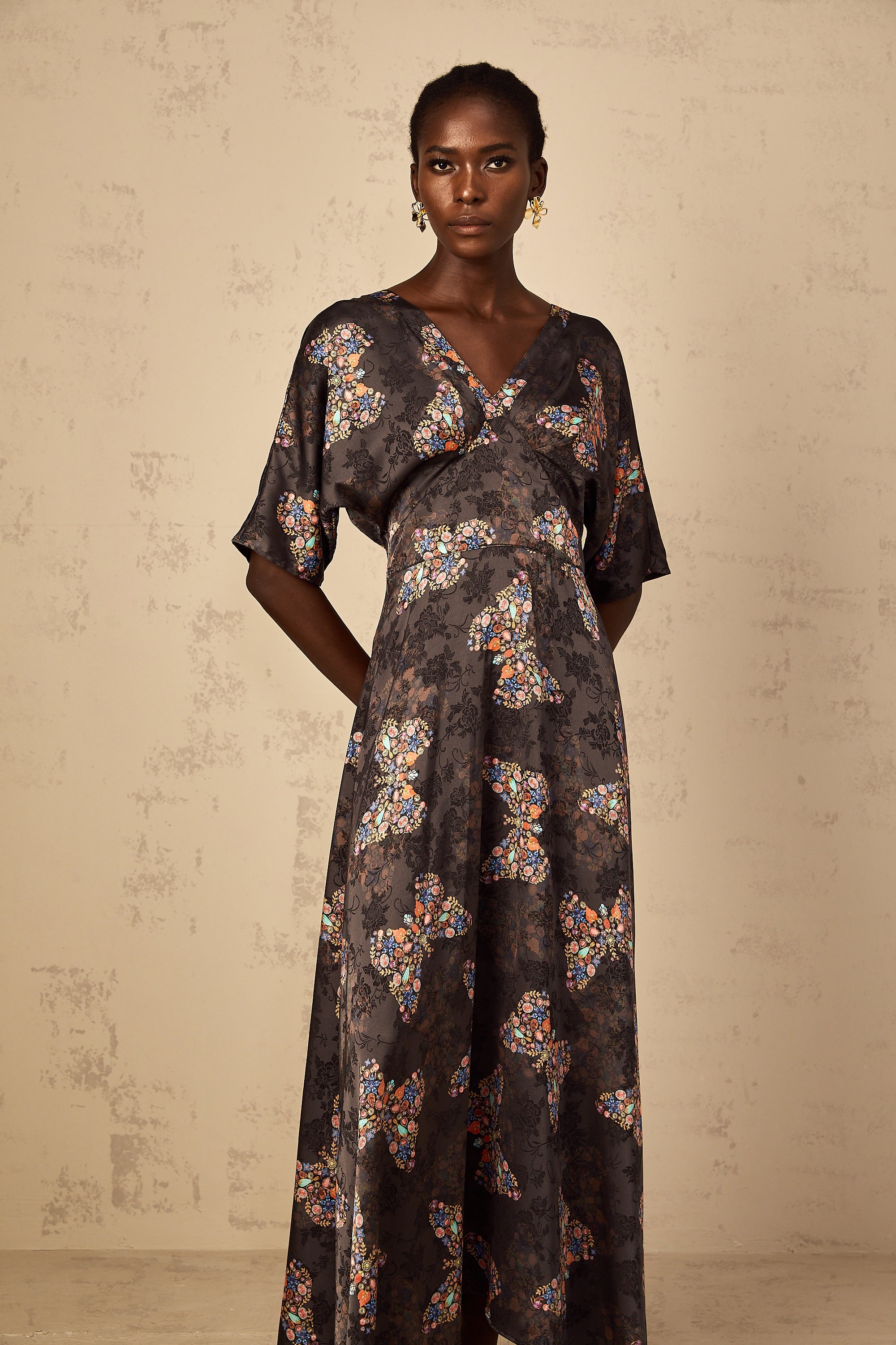 Glannon Black Self-Tie Butterfly Print Maxi Dress
