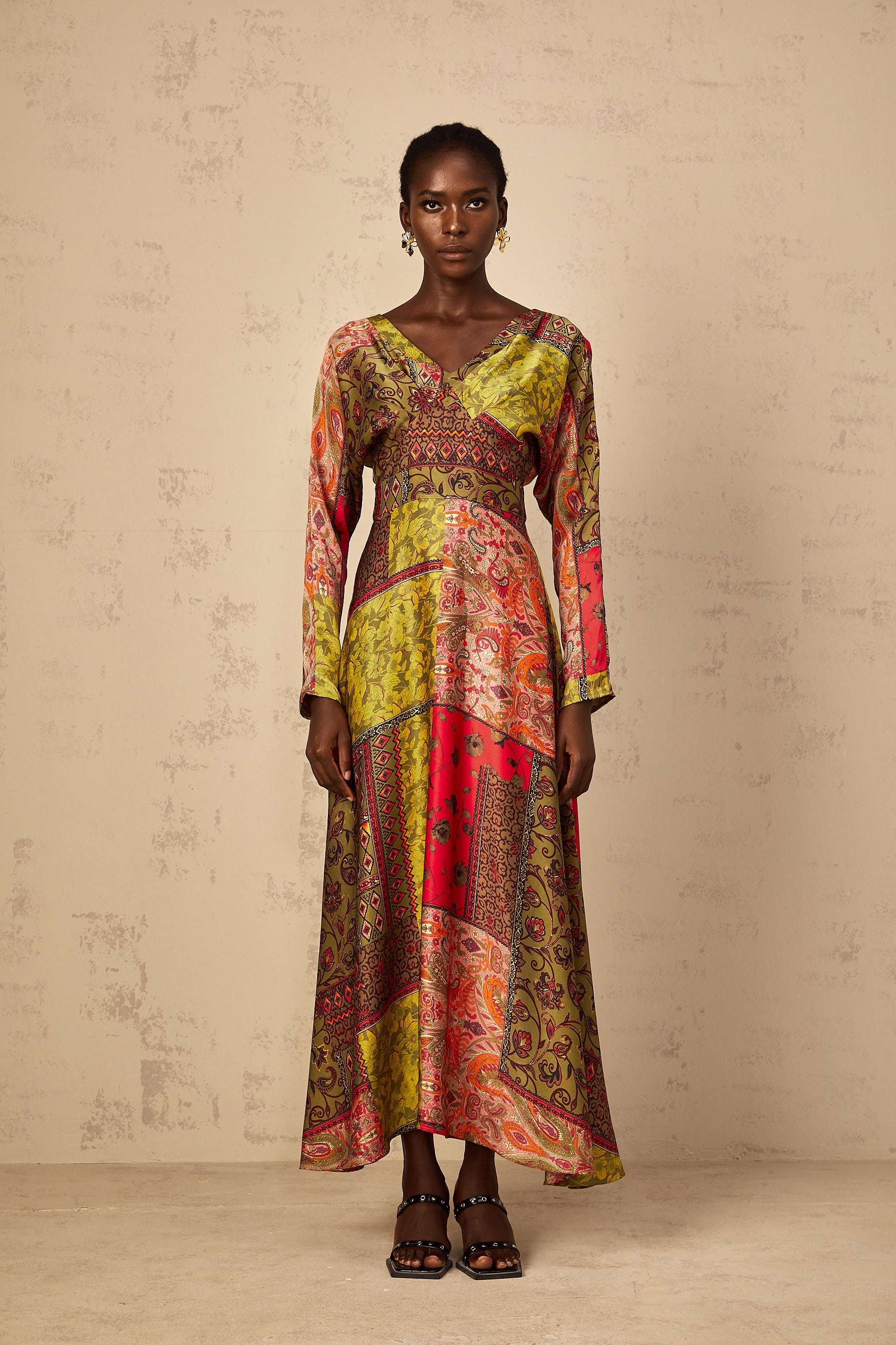 Pétunia Green Pattern Print Flared Midi Dress
