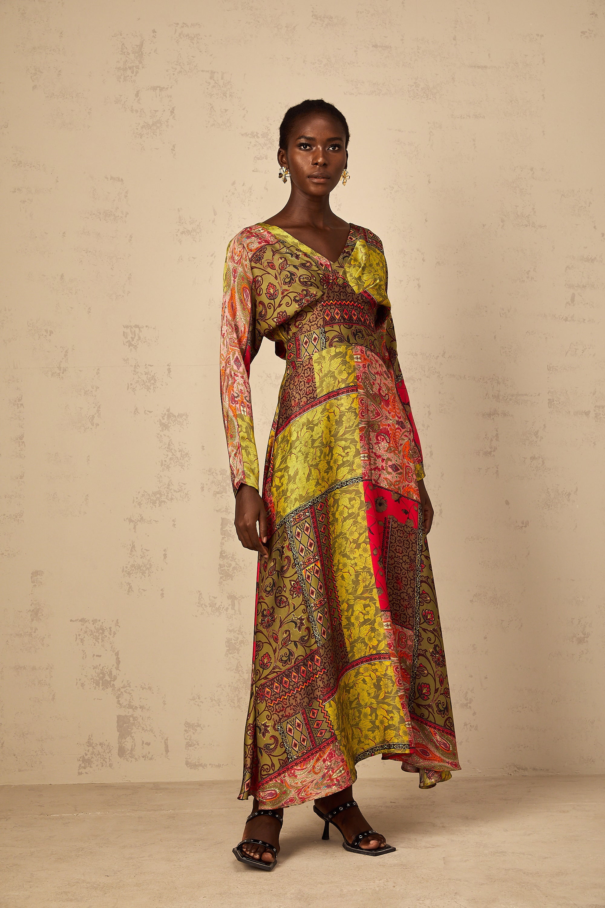 Pétunia Green Pattern Print Flared Midi Dress