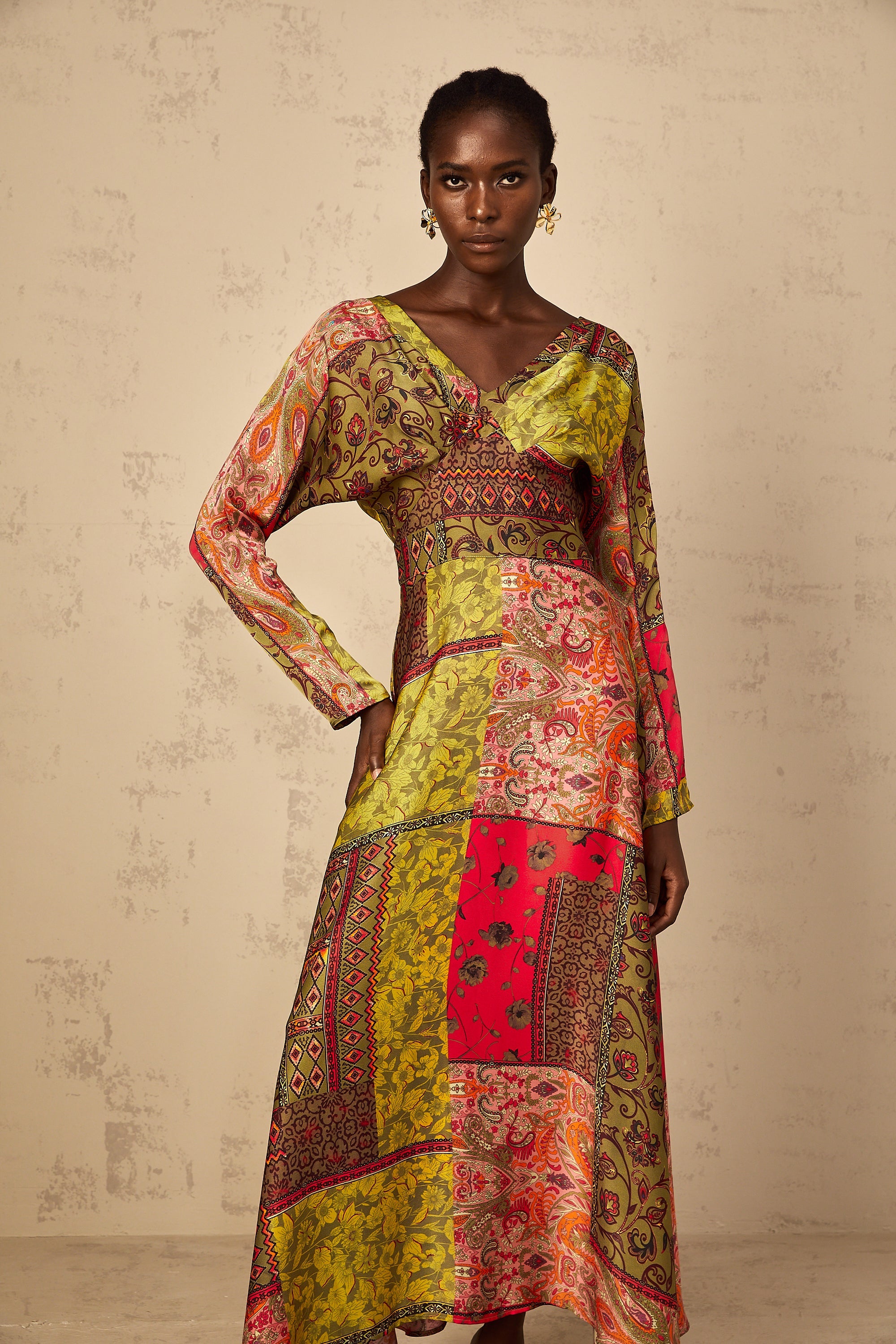 Pétunia Green Pattern Print Flared Midi Dress