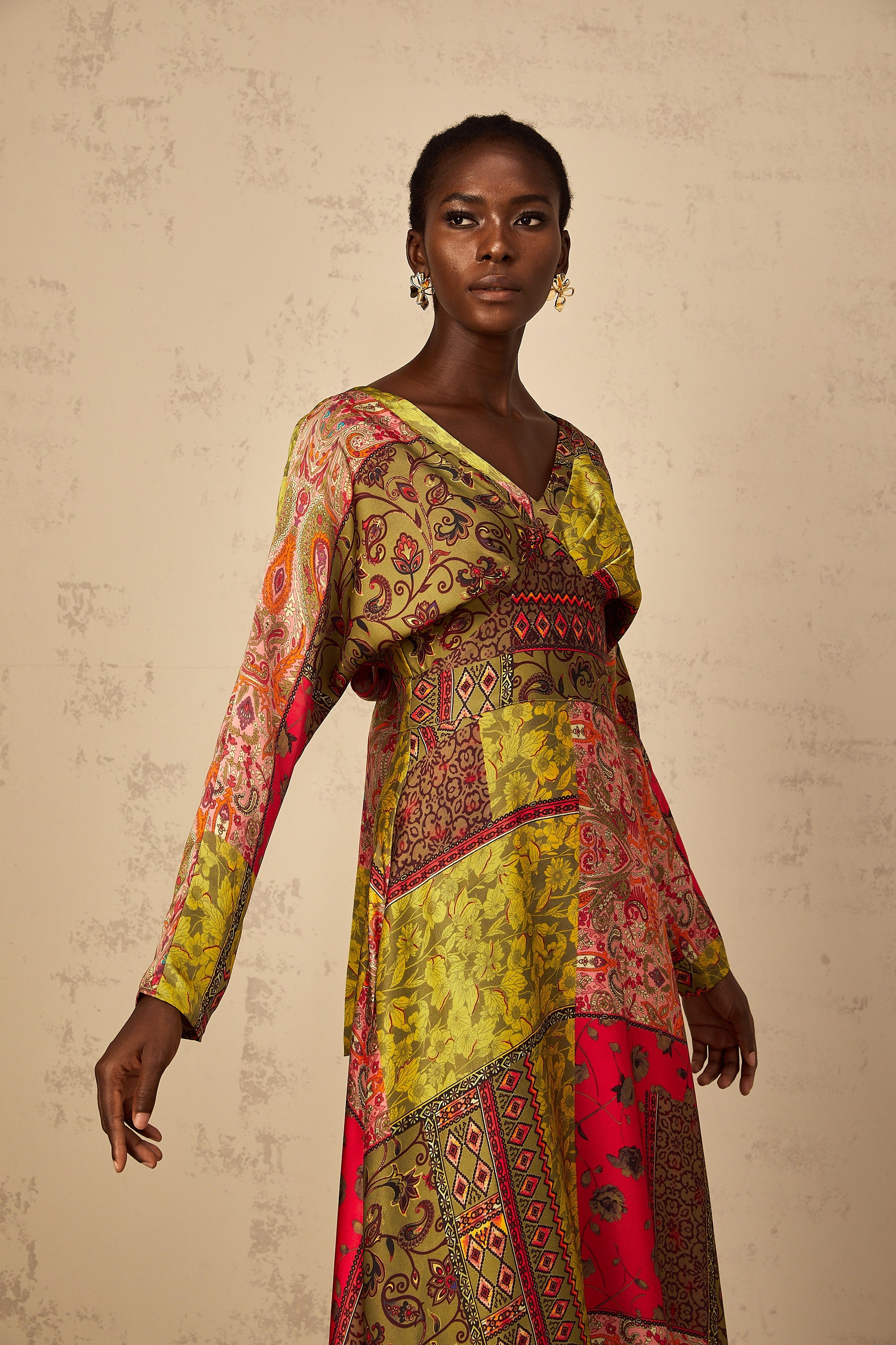 Pétunia Green Pattern Print Flared Midi Dress
