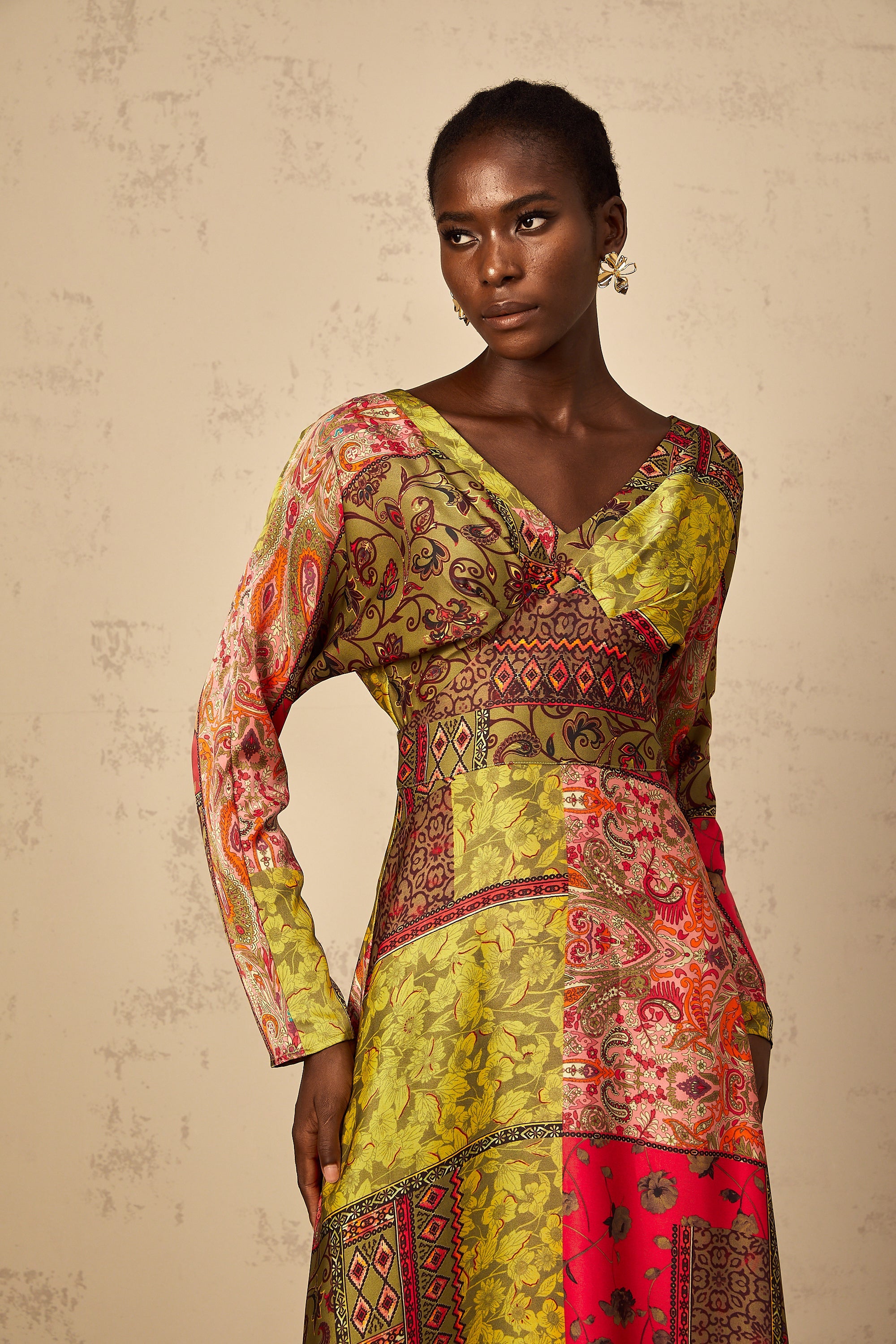 Pétunia Green Pattern Print Flared Midi Dress