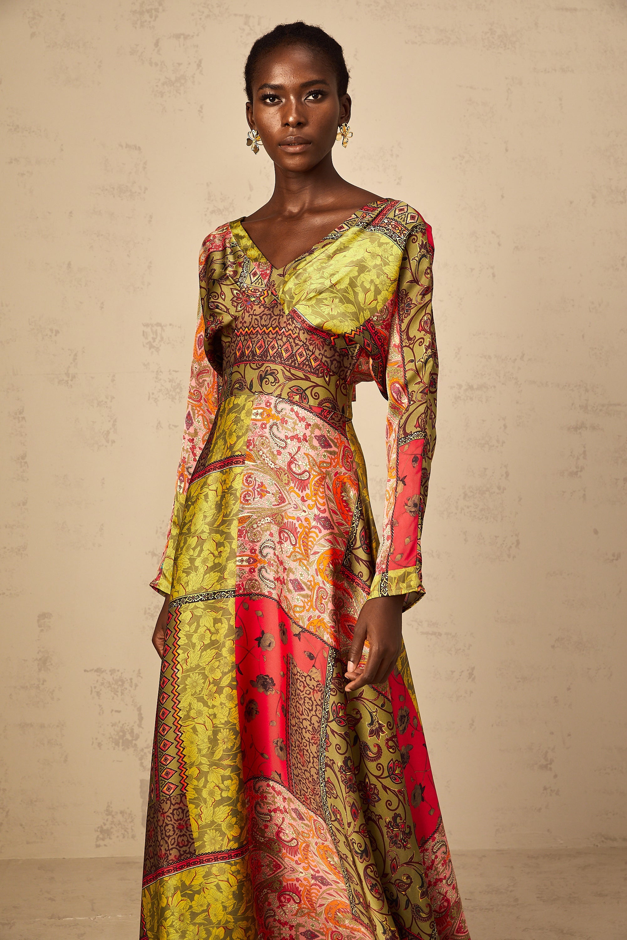 Pétunia Green Pattern Print Flared Midi Dress