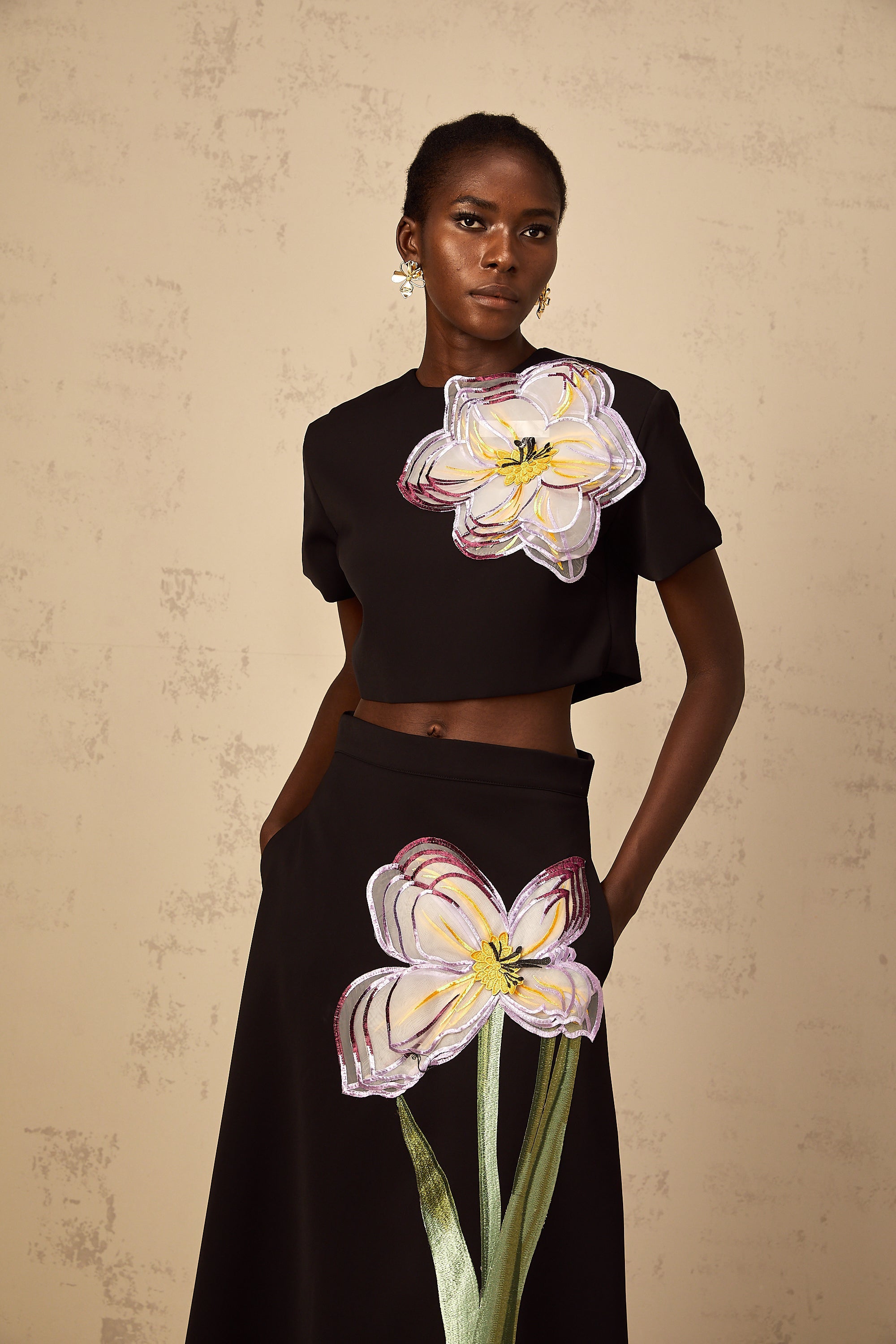 Irène Black Sequin Floral Embroidered Matching Set