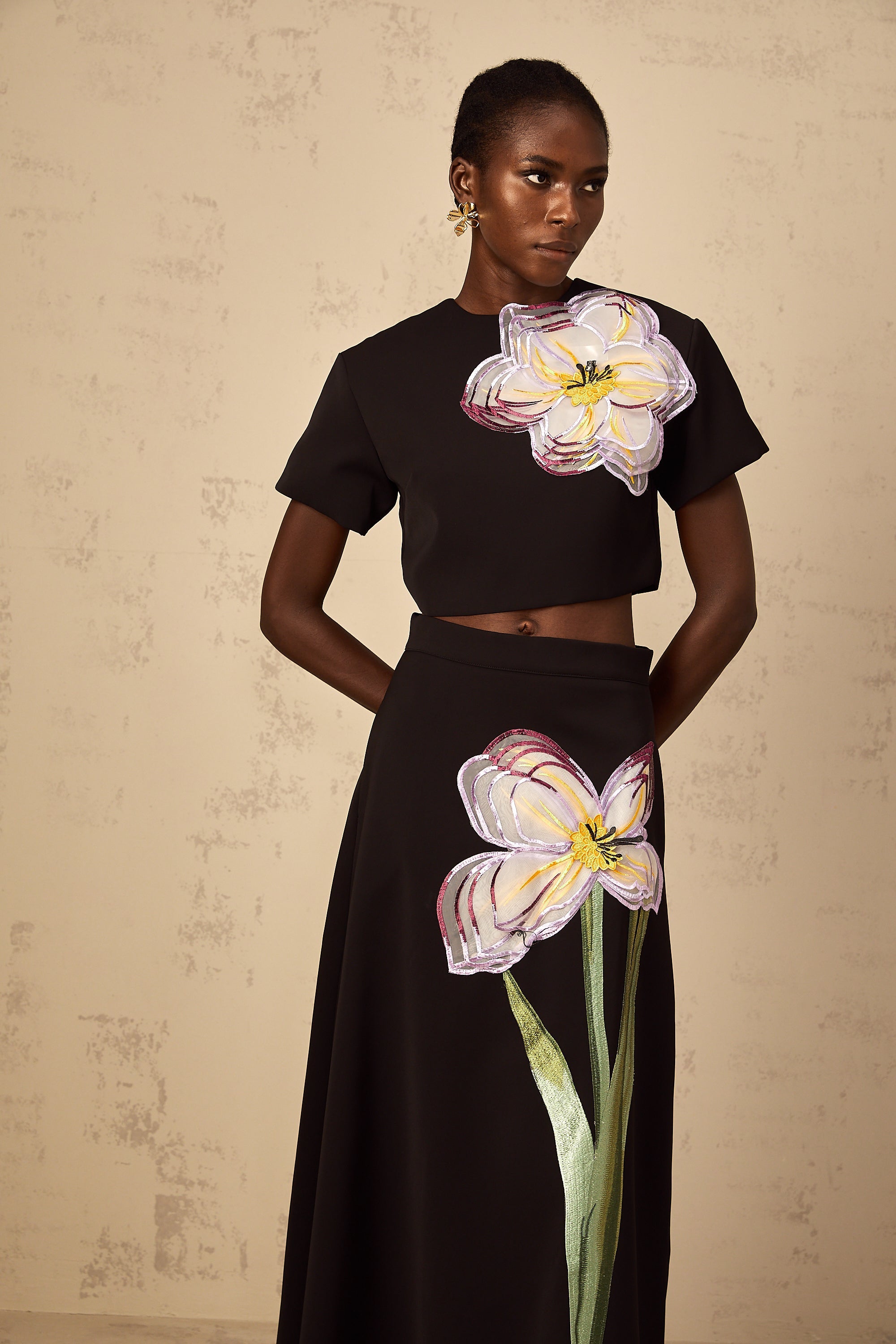 Irène Black Sequin Floral Embroidered Matching Set