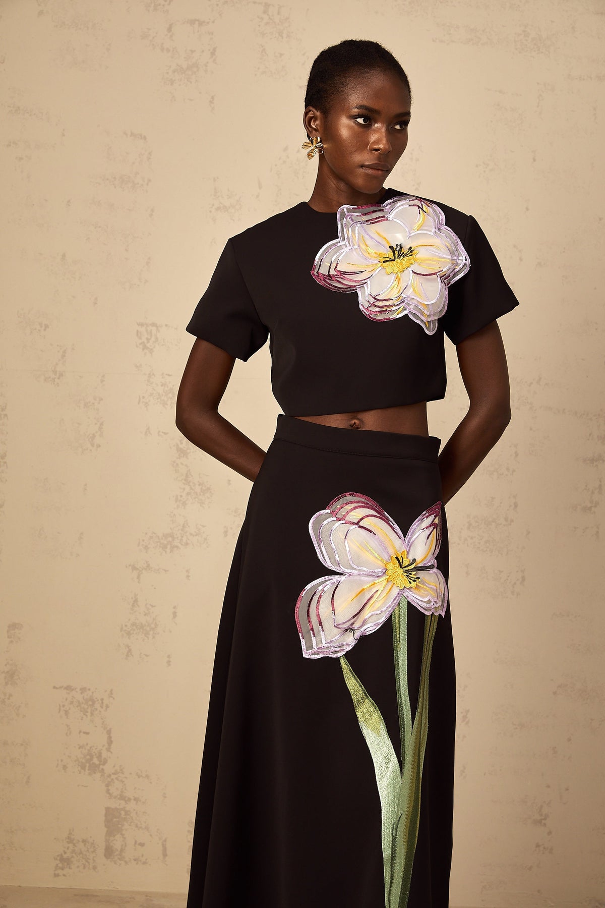 Irène Black Sequin Floral Embroidered Matching Set (Final Sale-US Only)