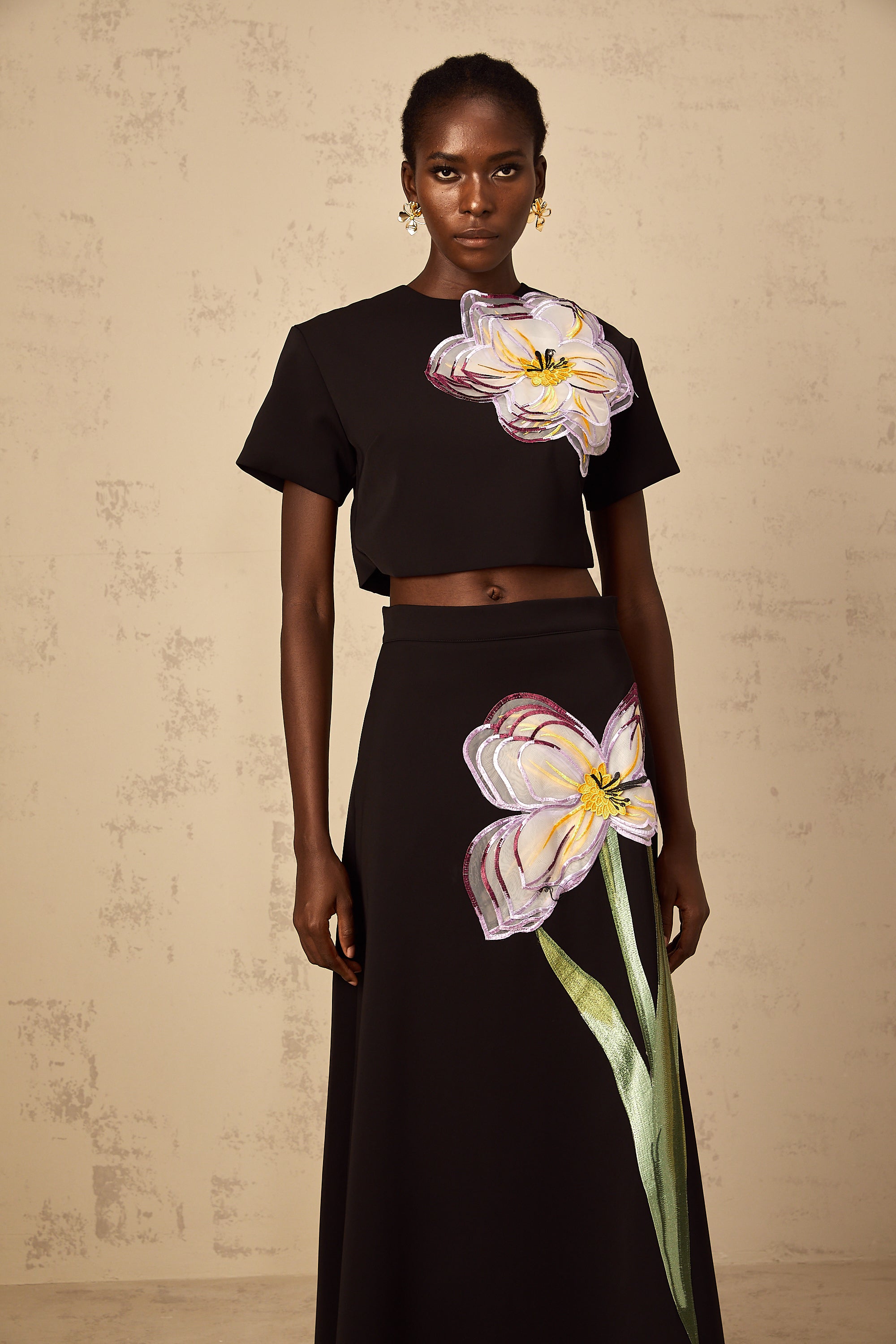 Irène Black Sequin Floral Embroidered Matching Set