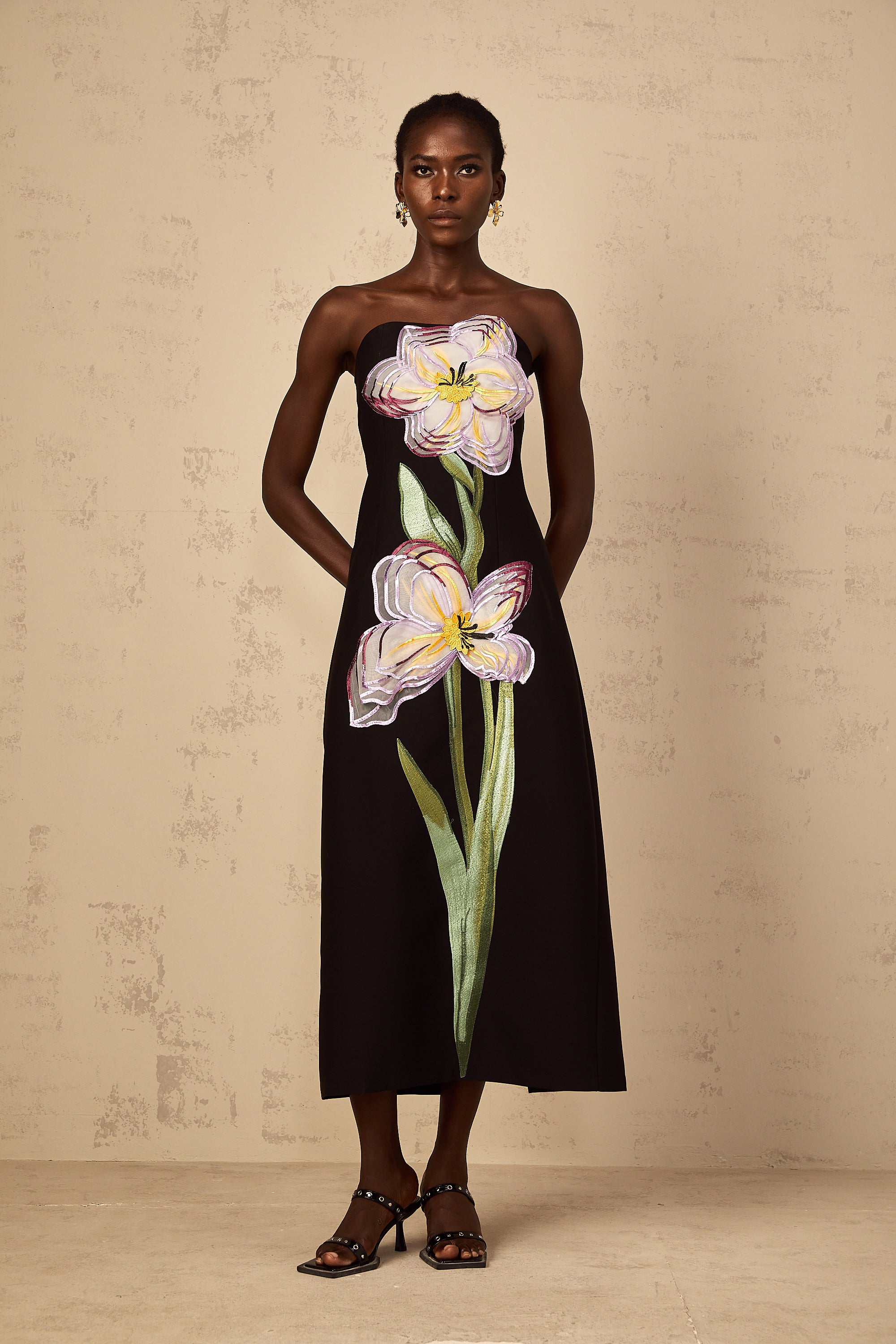 Irène Sequin Embroidered Off-Shoulder Midi Dress in Black