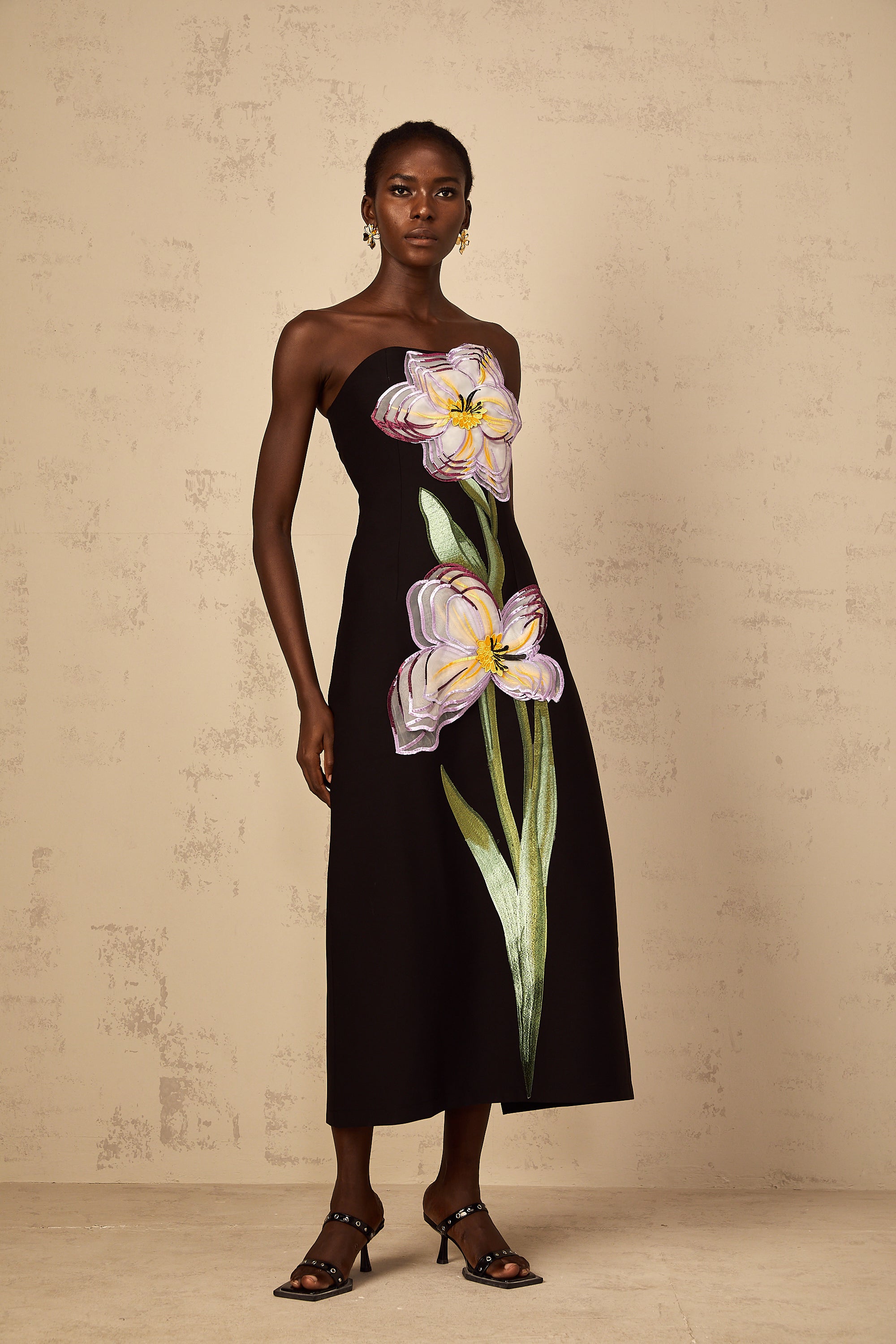Irène Sequin Embroidered Off-Shoulder Midi Dress in Black