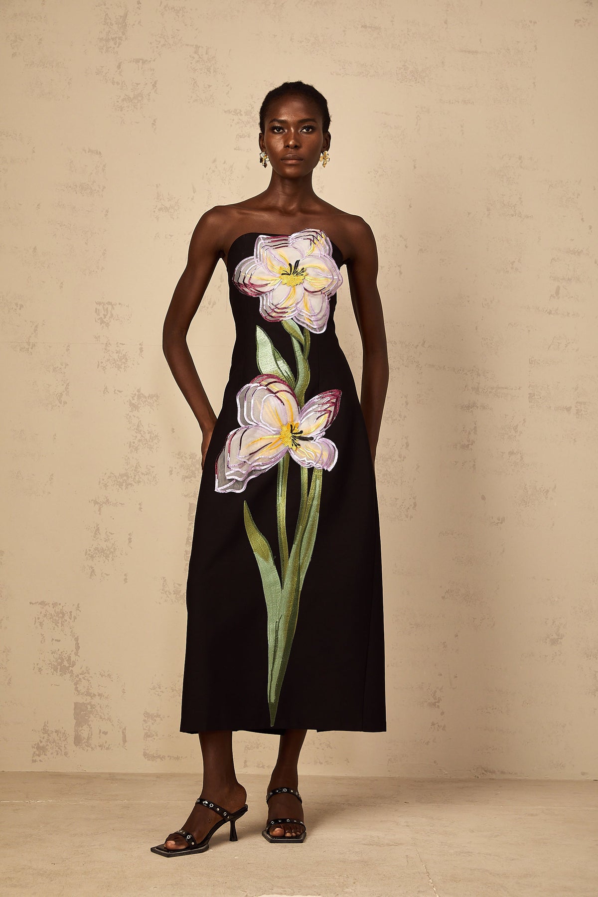 Irène Sequin Embroidered Off-Shoulder Midi Dress in Black