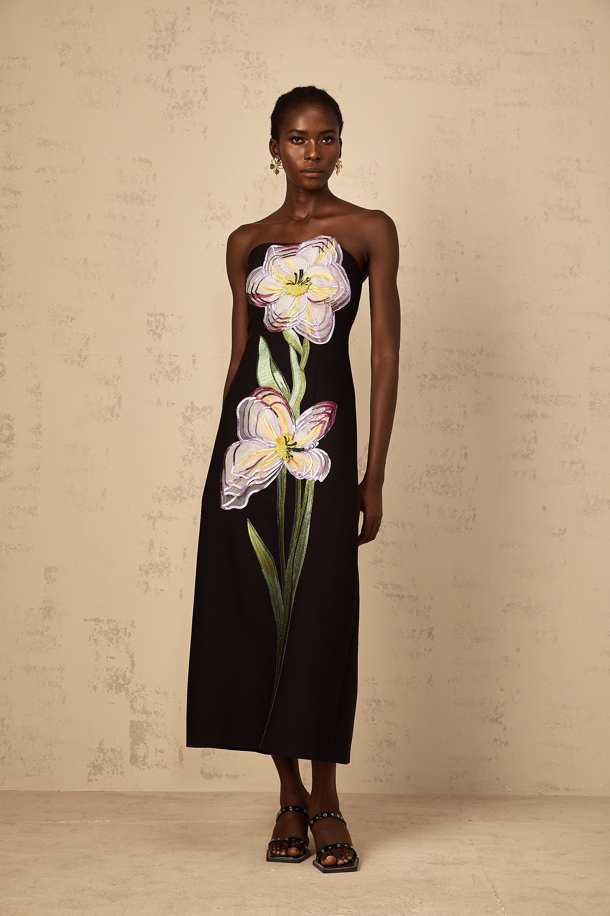 Irène Sequin Embroidered Off-Shoulder Midi Dress in Black