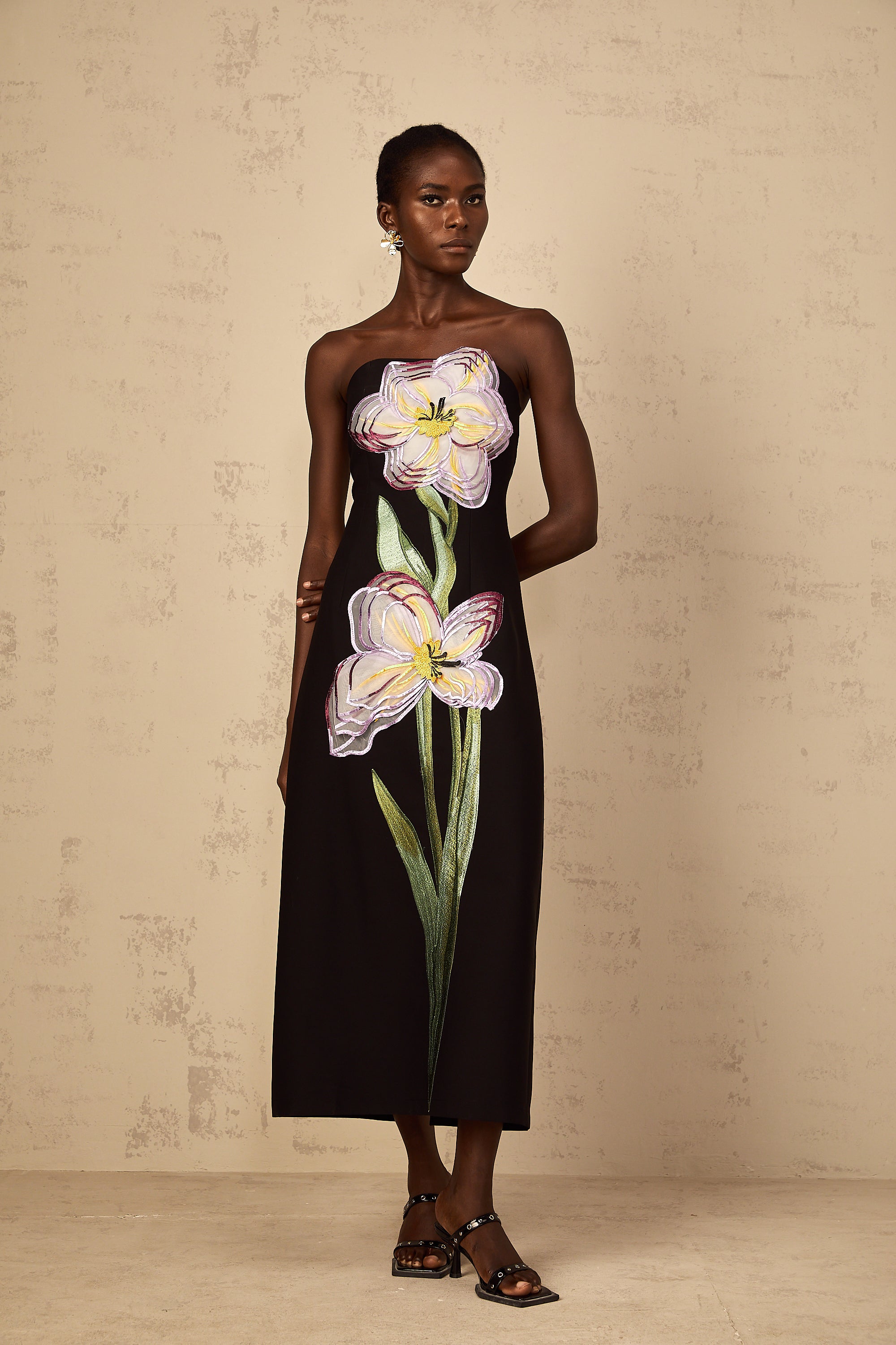 Irène Sequin Embroidered Off-Shoulder Midi Dress in Black