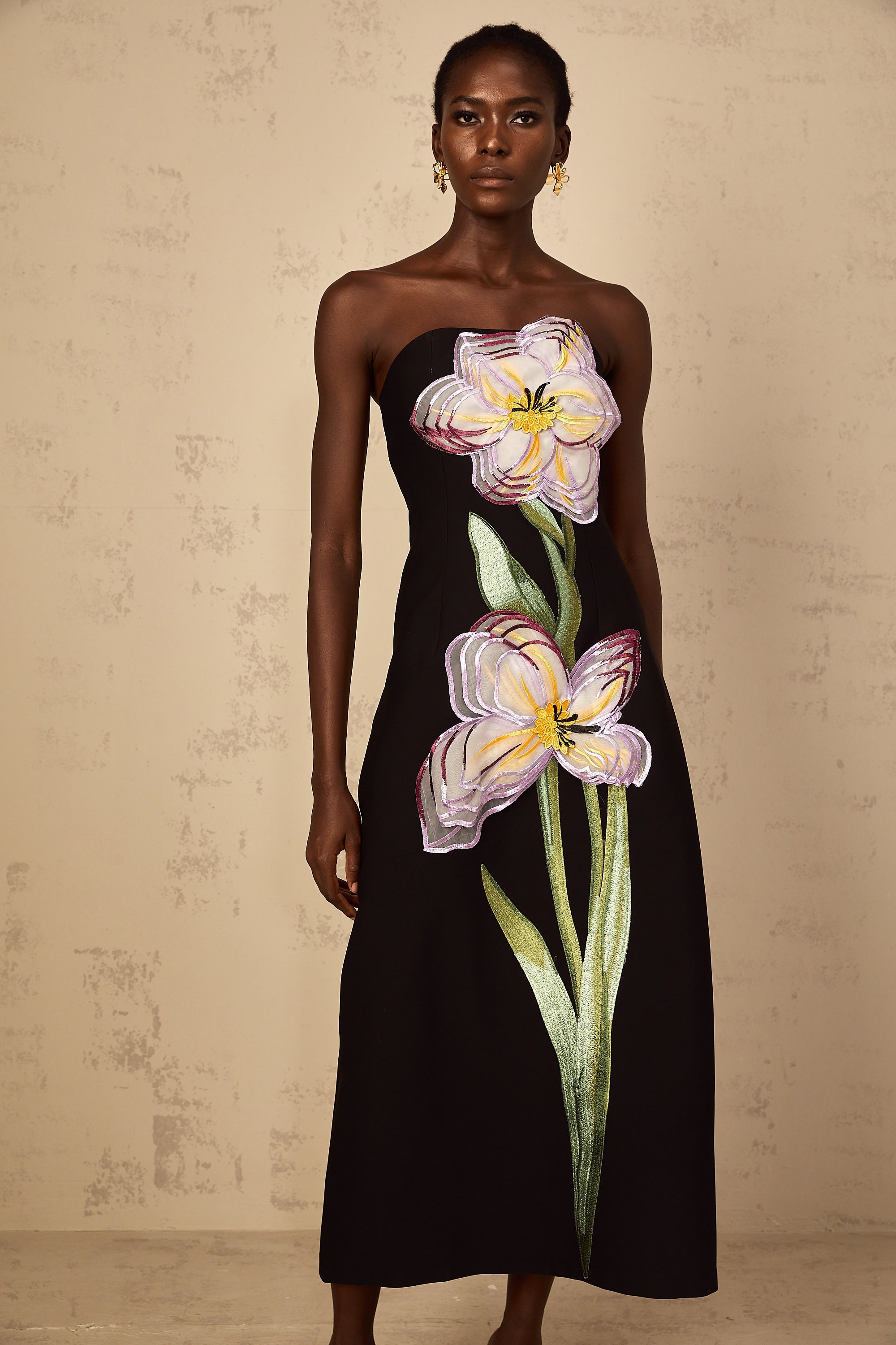 Irène Sequin Embroidered Off-Shoulder Midi Dress in Black