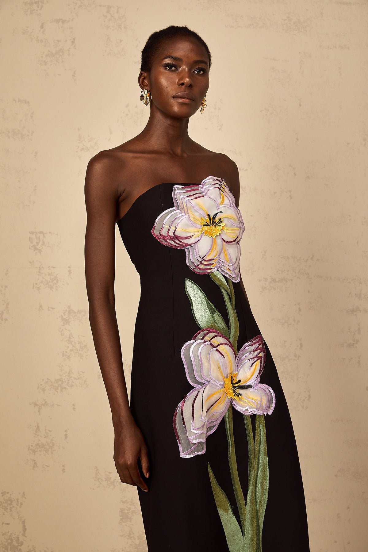 Irène Sequin Embroidered Off-Shoulder Midi Dress in Black