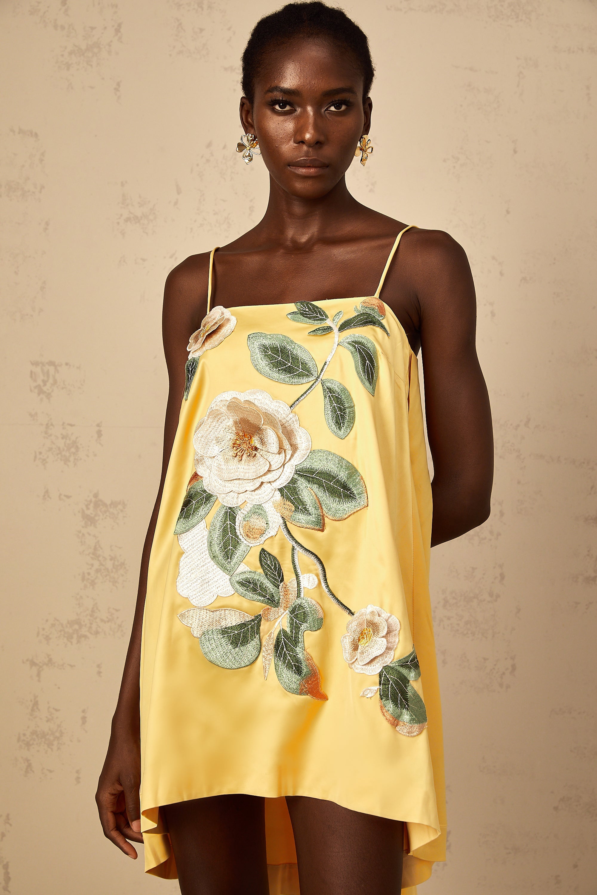 Avril Yellow Floral Embroidered Mini Dress (Final Sale-US Only)