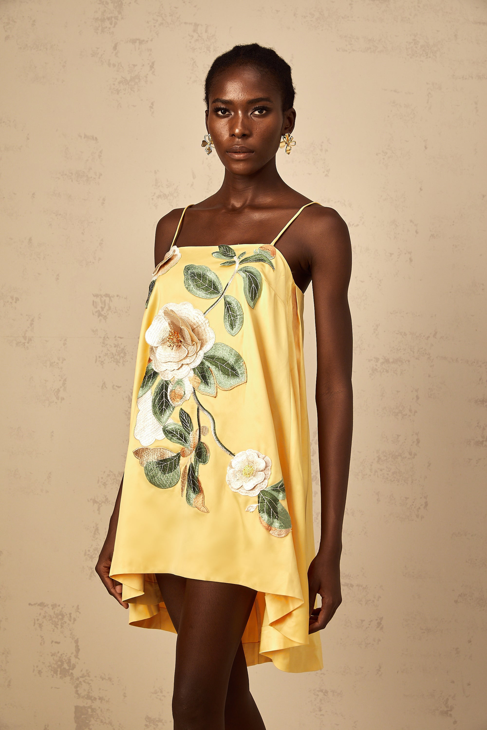 Avril Yellow Floral Embroidered Mini Dress (Final Sale-US Only)