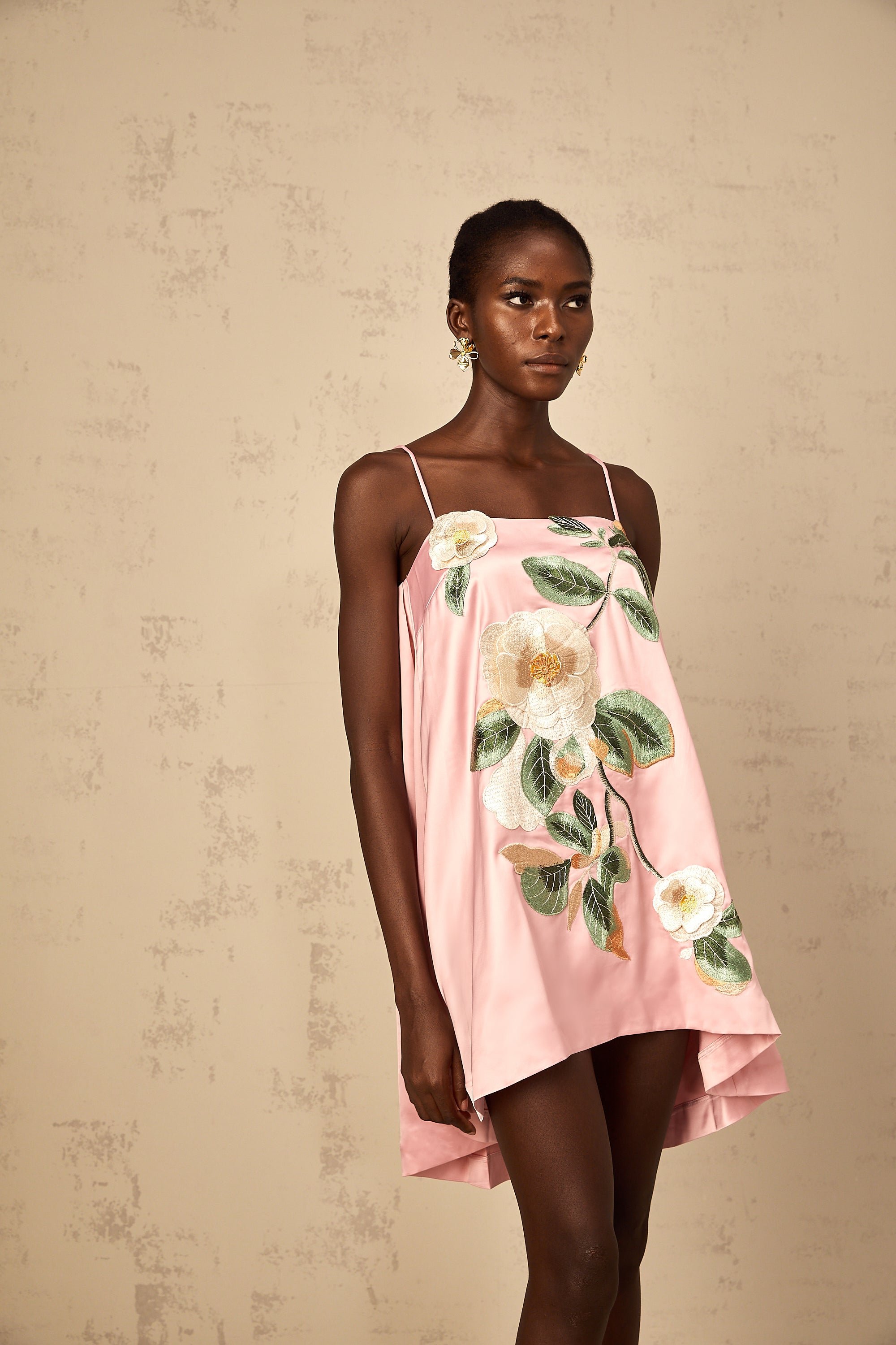 Avril Pink Floral Embroidered Satin Mini Dress
