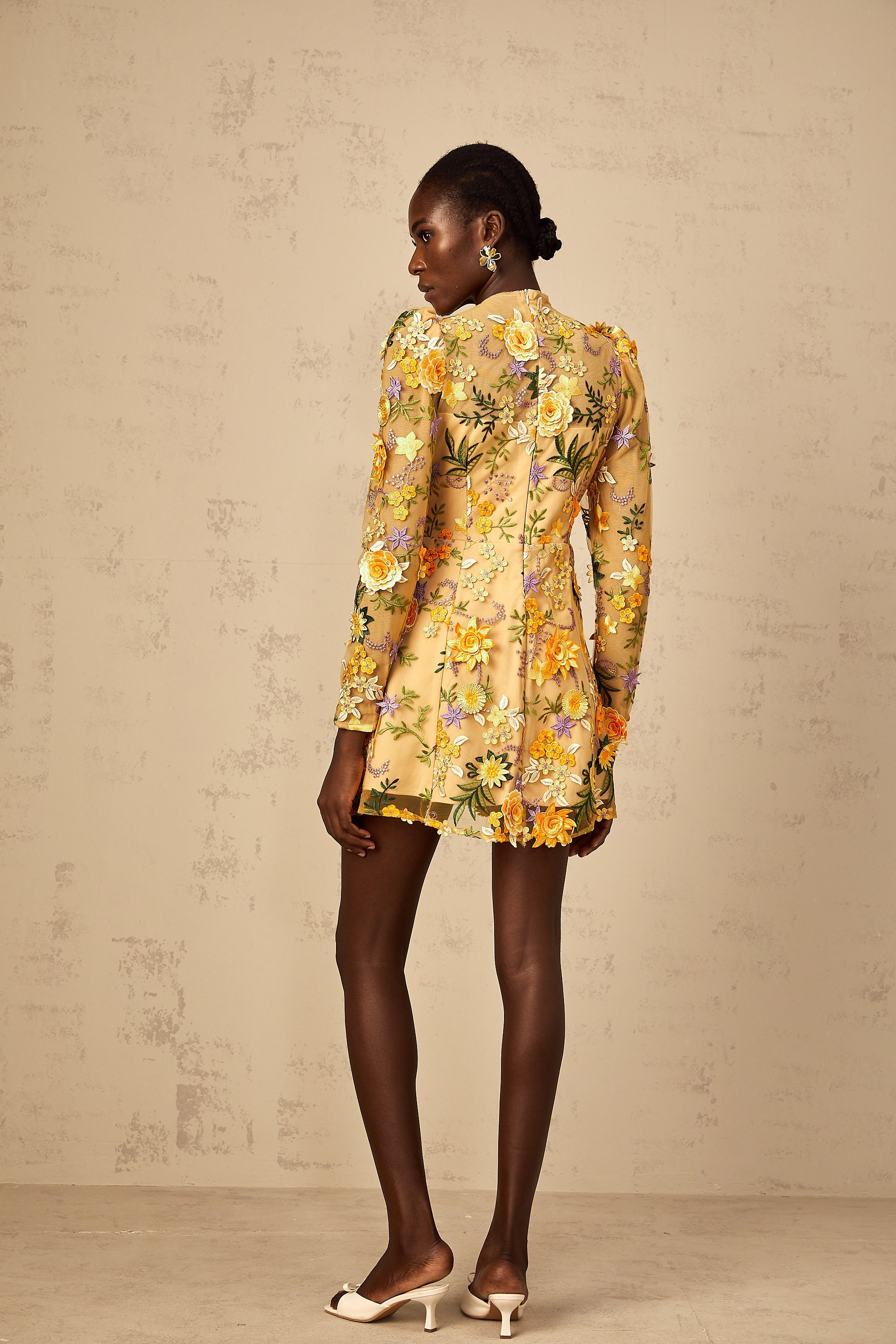 Jolien 3D Floral Appliqué Mini Dress in Yellow (Final Sale-US Only)