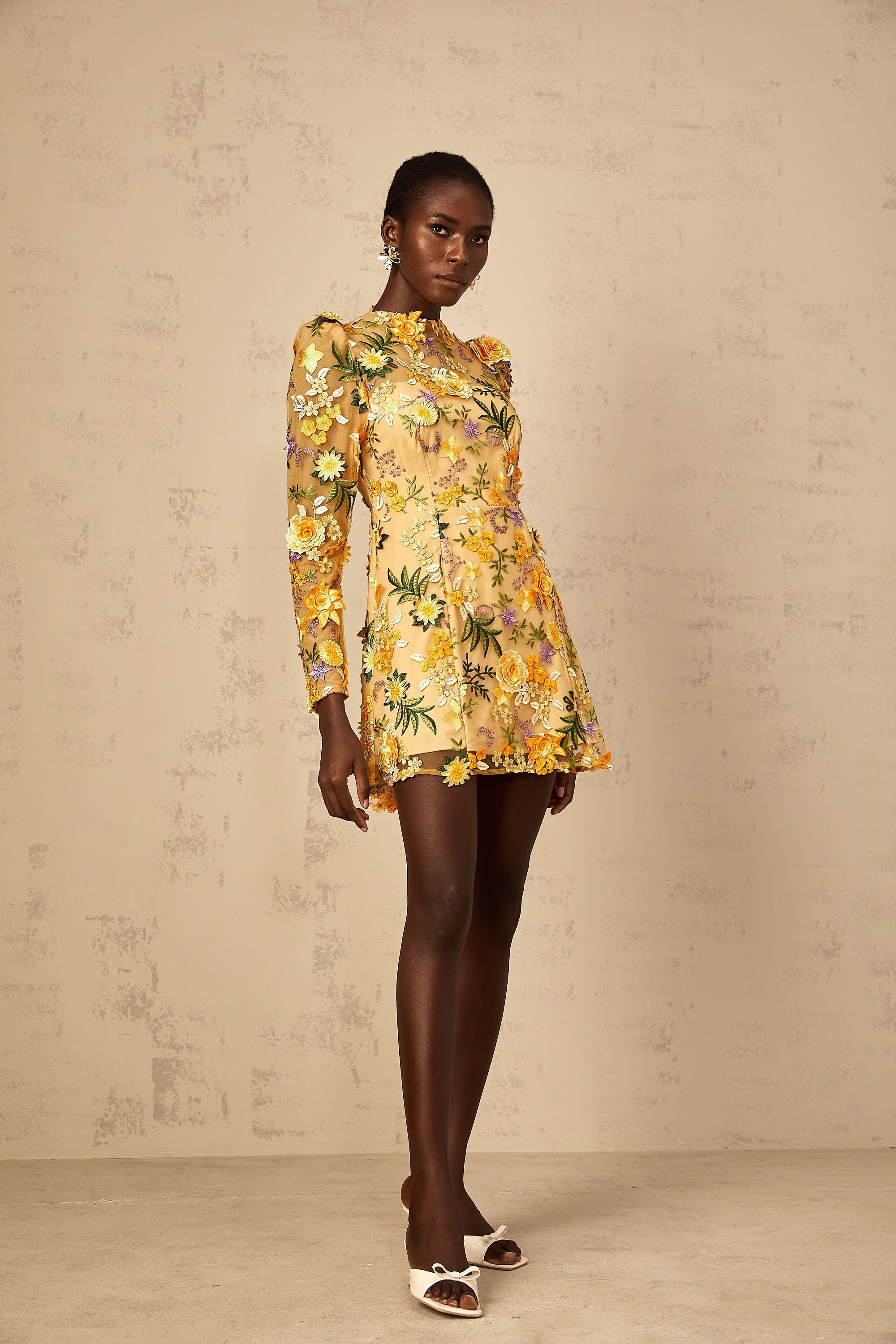 Jolien 3D Floral Appliqué Mini Dress in Yellow (Final Sale-US Only)