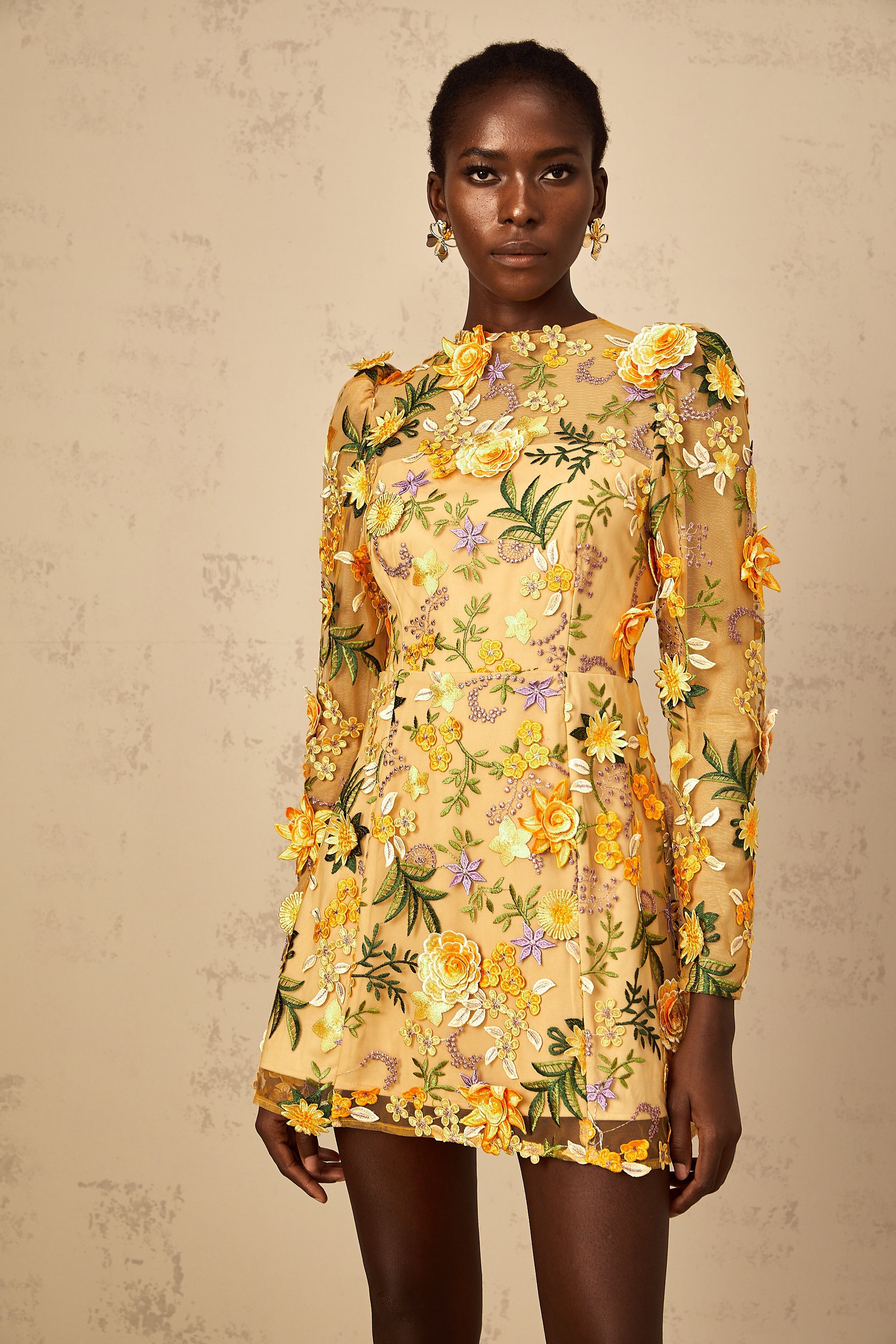 Jolien 3D Floral Appliqué Mini Dress in Yellow (Final Sale-US Only)
