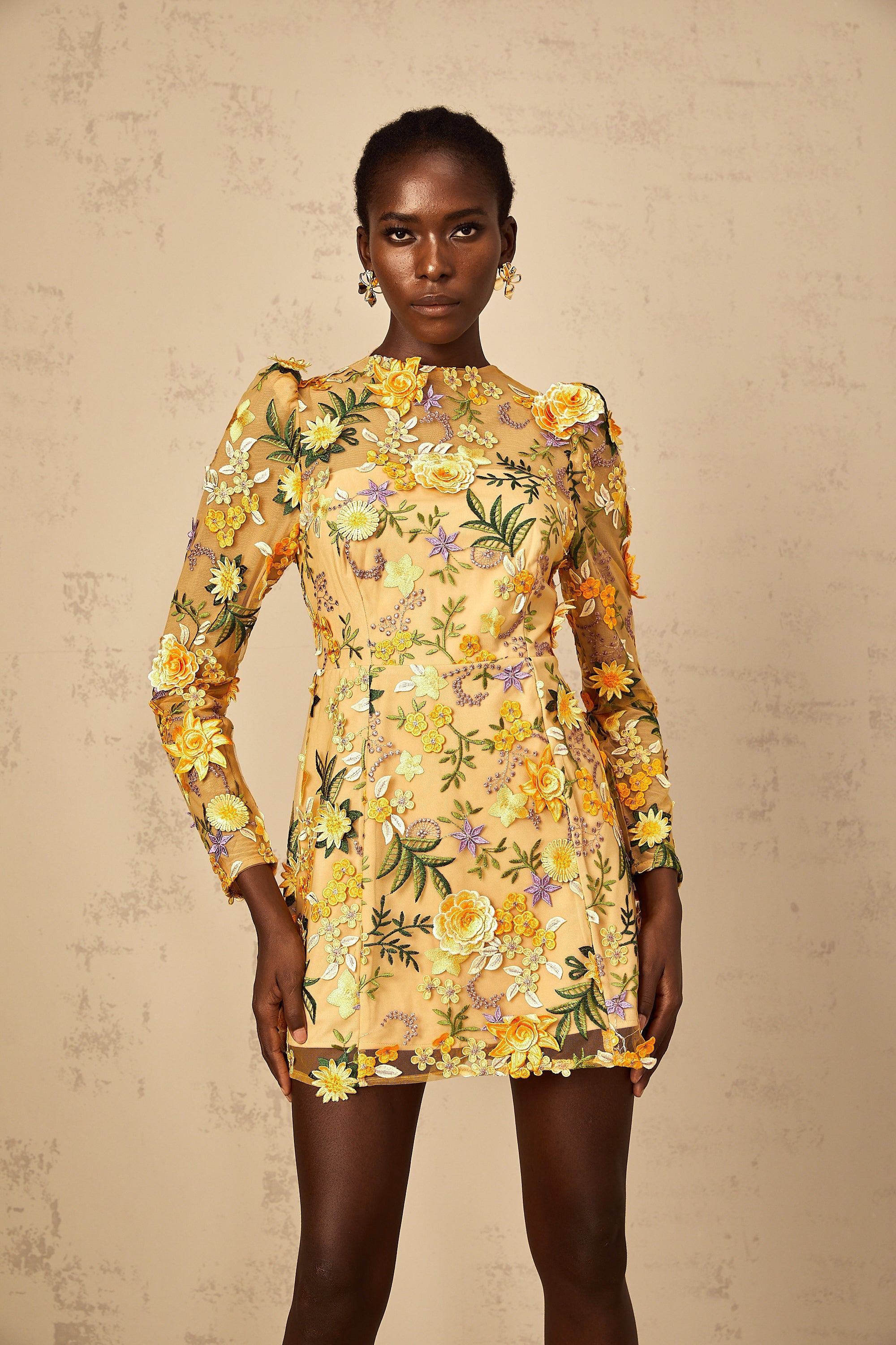 Jolien 3D Floral Appliqué Mini Dress in Yellow (Final Sale-US Only)