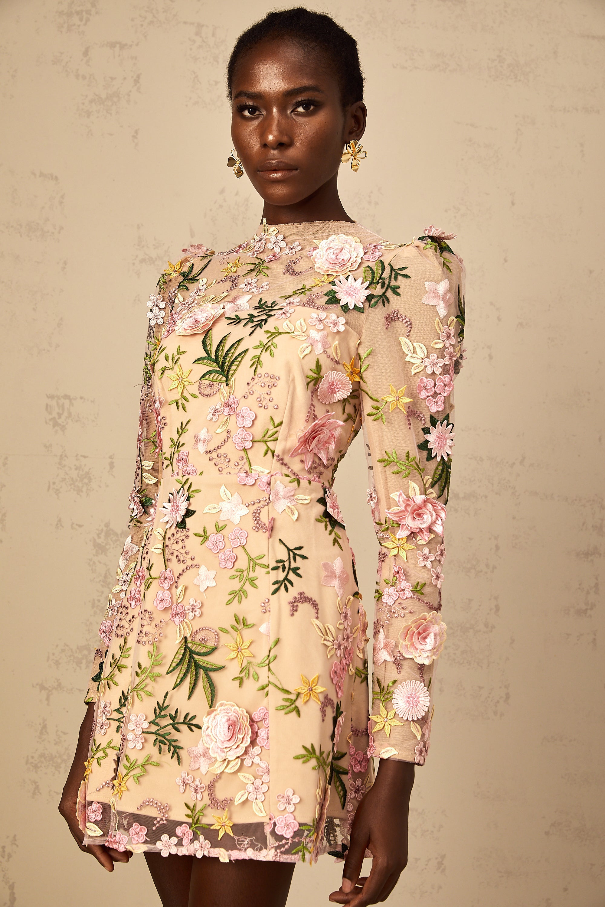 Jolien 3D Floral Appliqué Mini Dress in Pink