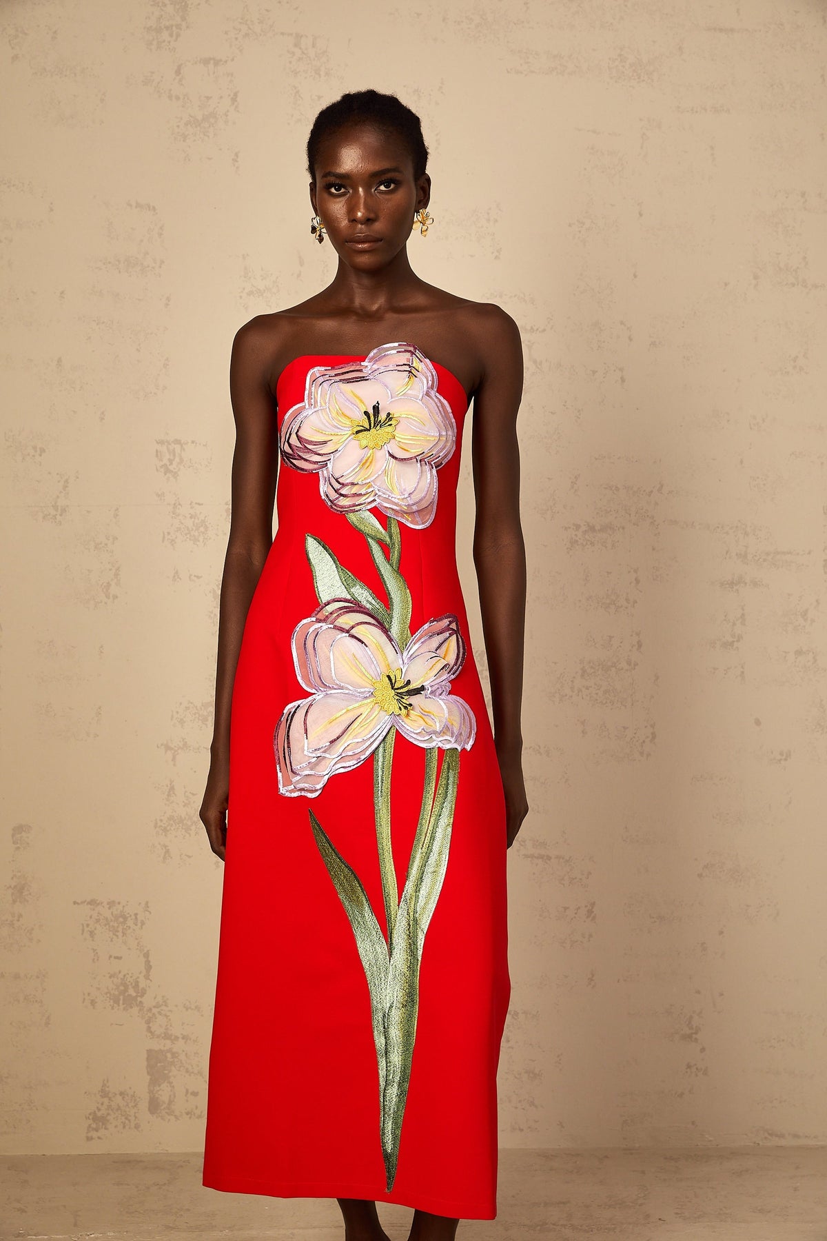 Irène Sequin Embroidered Off-Shoulder Midi Dress in Red
