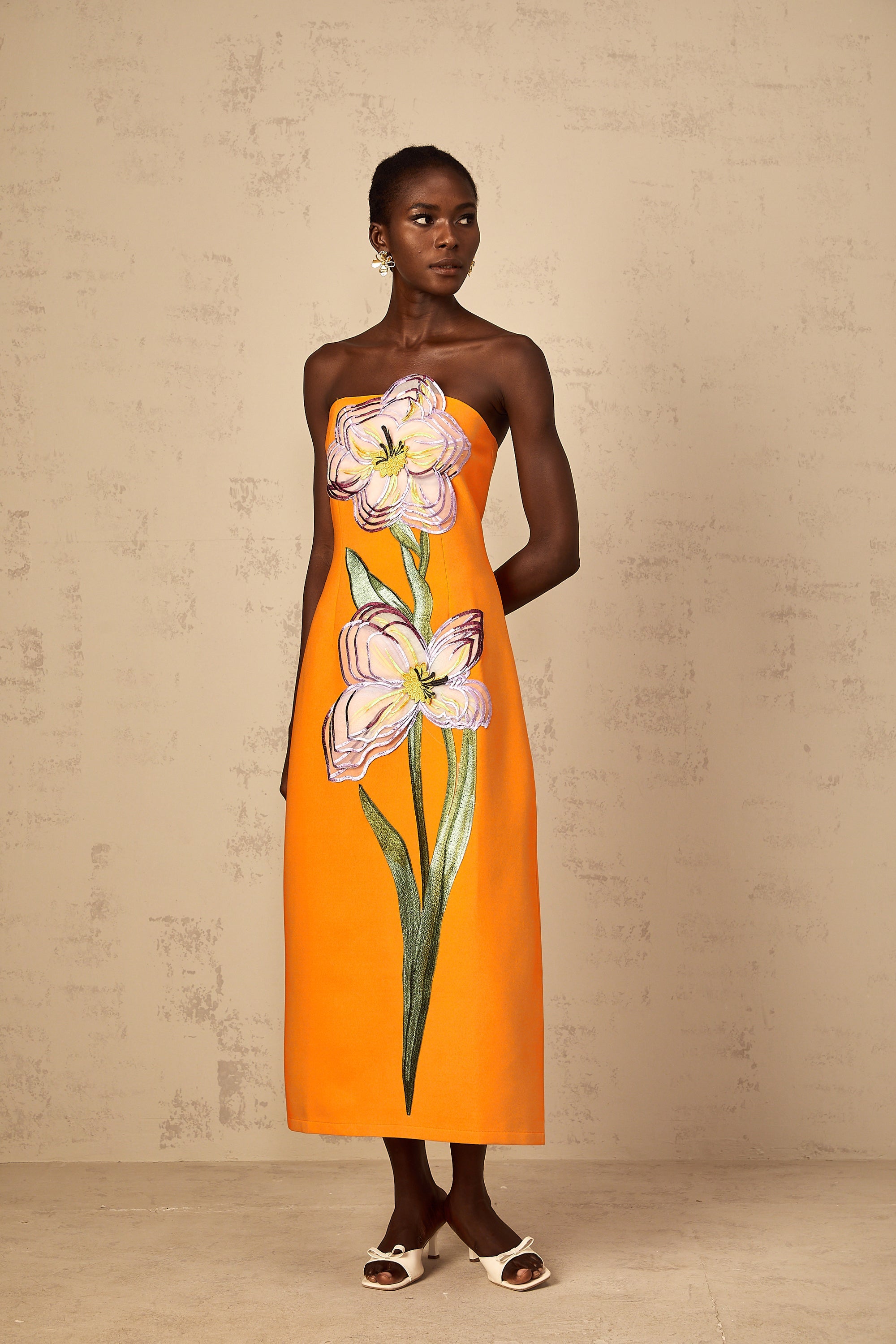 Irène Sequin Embroidered Off-Shoulder Midi Dress in Orange (Final Sale-US Only)