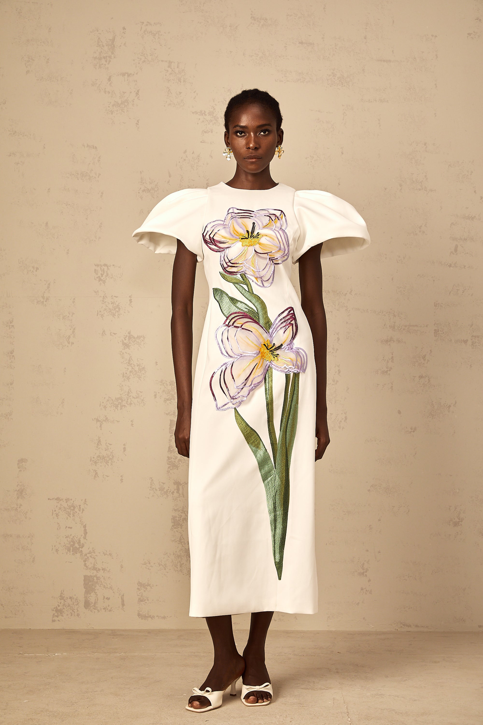 Irène White Sequin Floral Embroidered Midi Dress