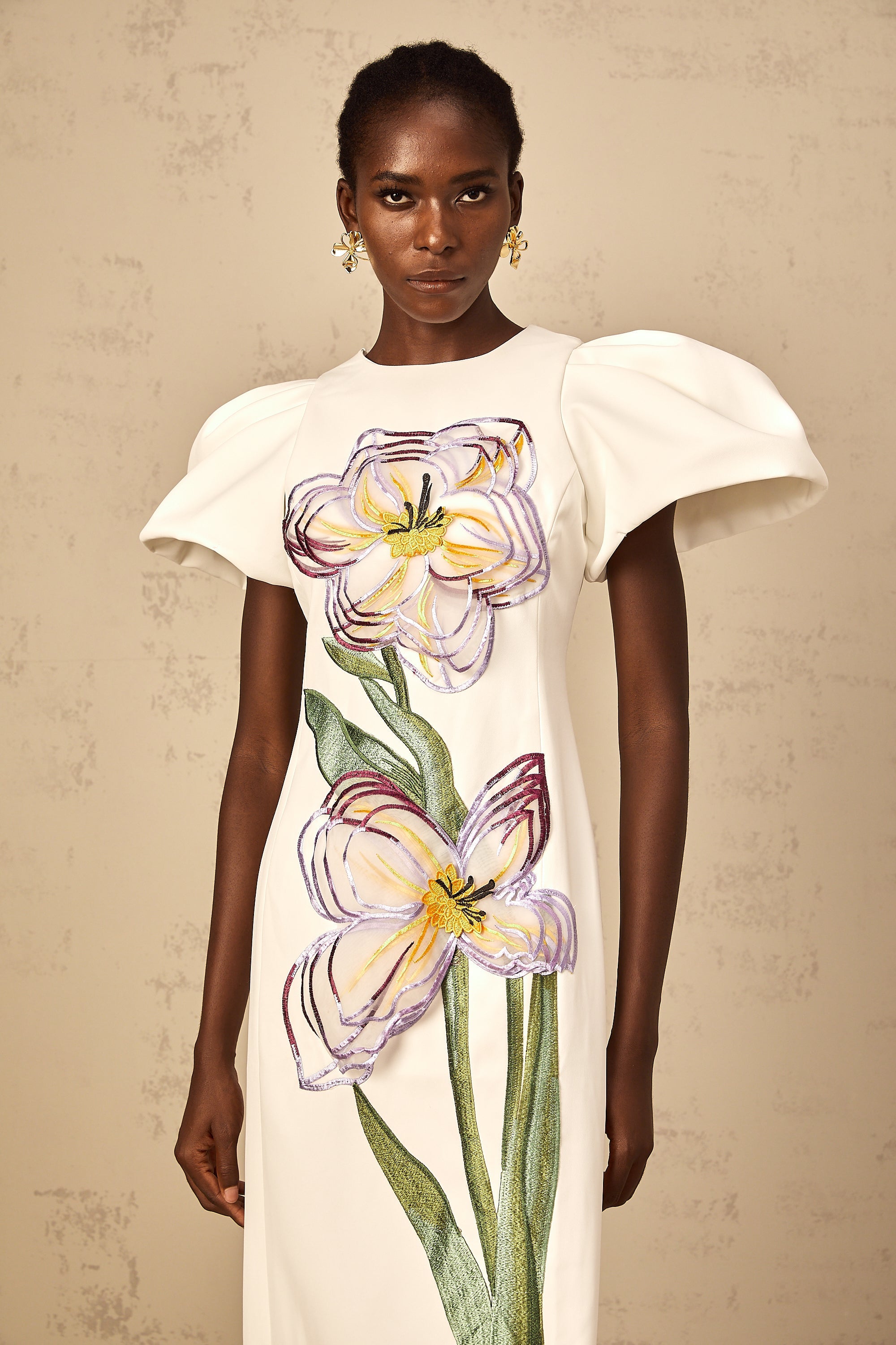 Irène White Sequin Floral Embroidered Midi Dress