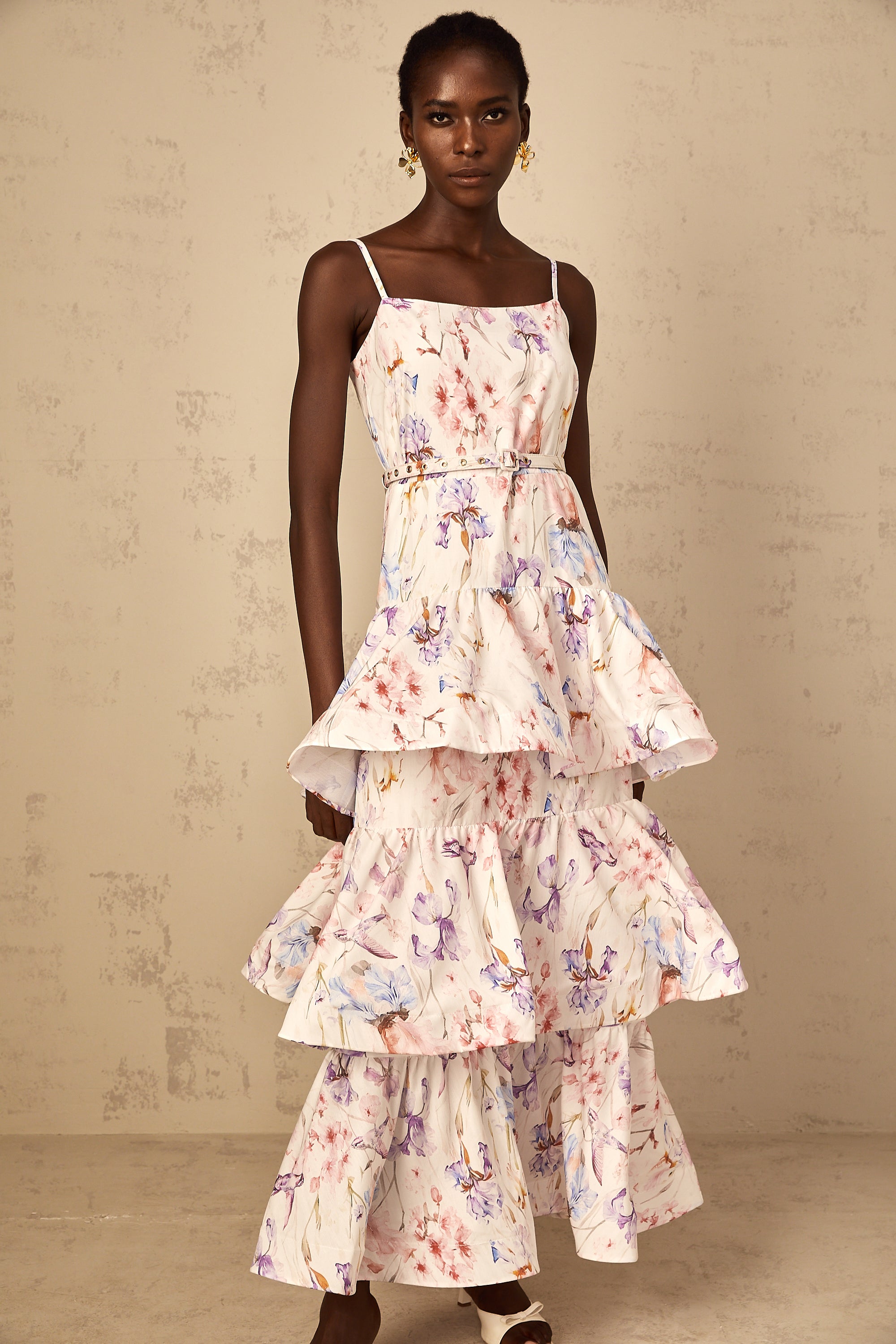 Géraldine White Floral Print Ruffled Tiered Maxi Dress