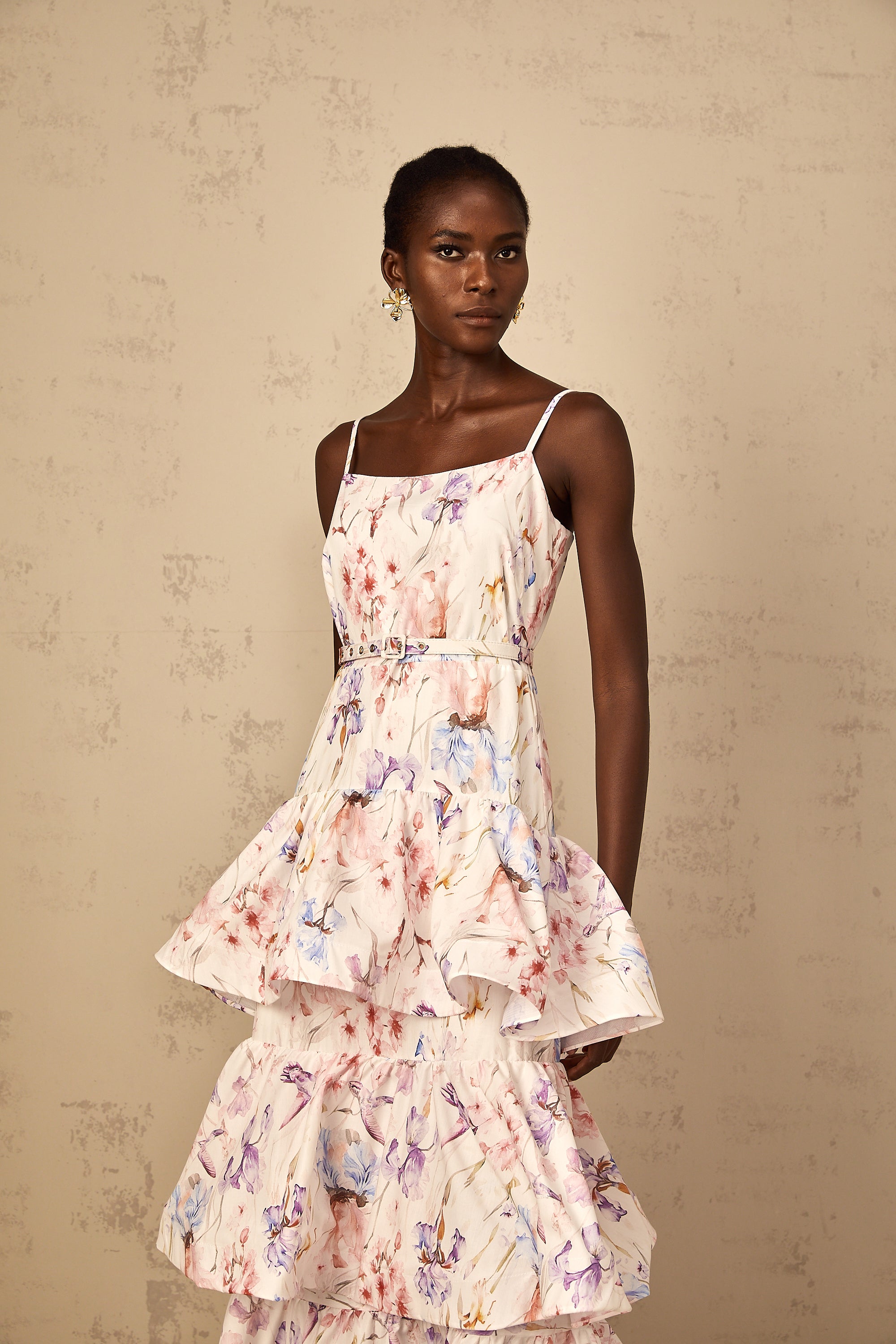 Géraldine White Floral Print Ruffled Tiered Maxi Dress
