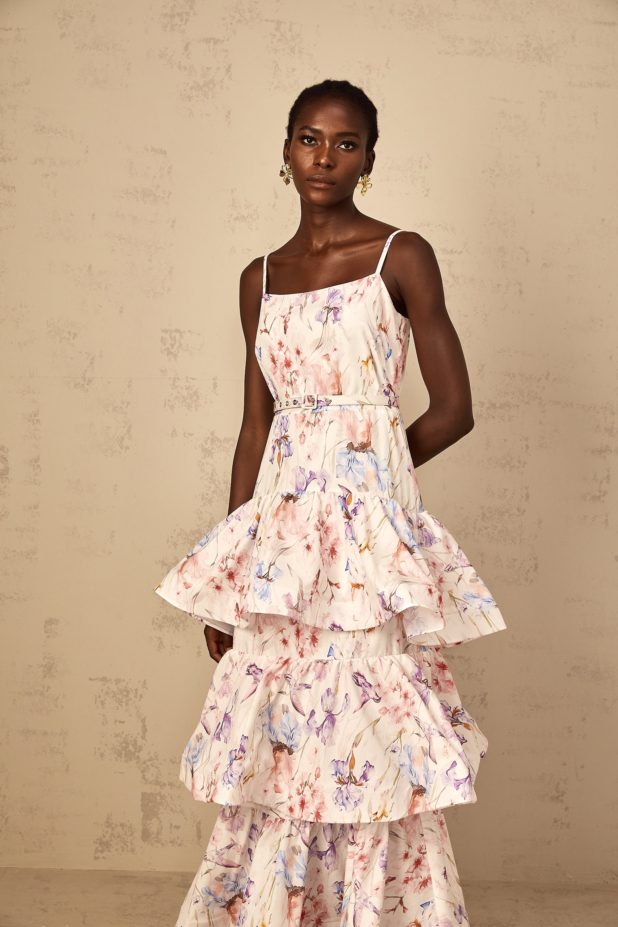 Géraldine White Floral Print Ruffled Tiered Maxi Dress