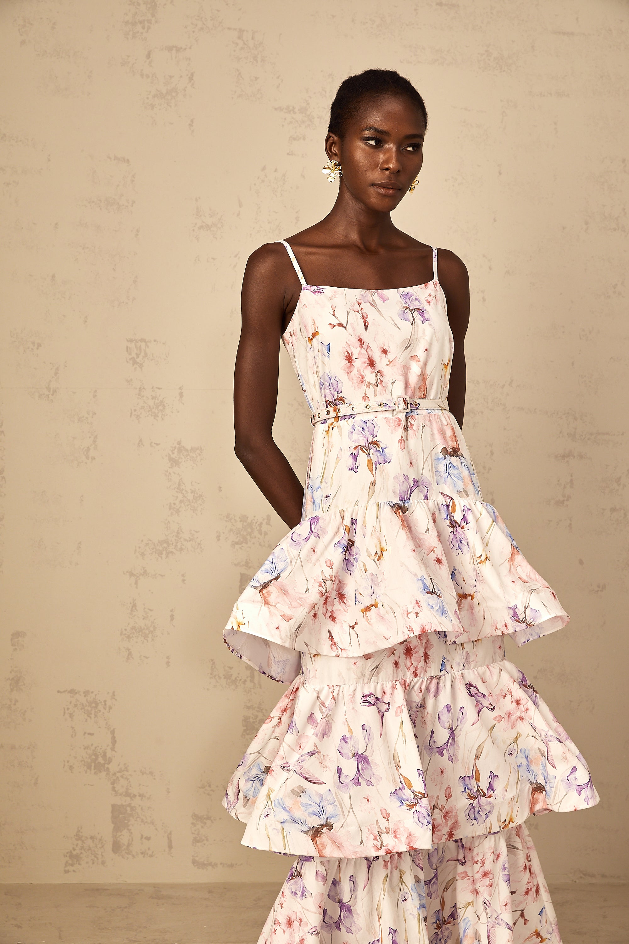 Géraldine White Floral Print Ruffled Tiered Maxi Dress