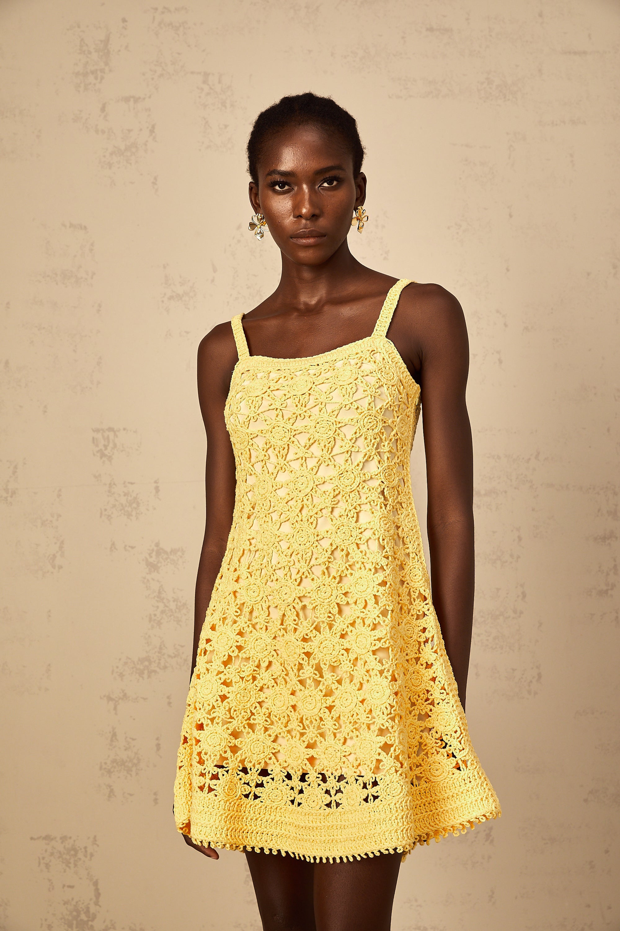 Isoline Yellow Flared Crochet Knit Mini Dress
