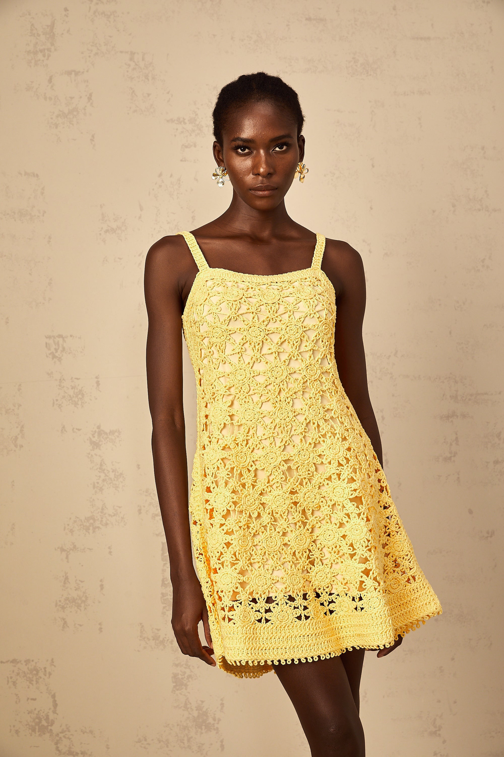 Isoline Yellow Flared Crochet Knit Mini Dress