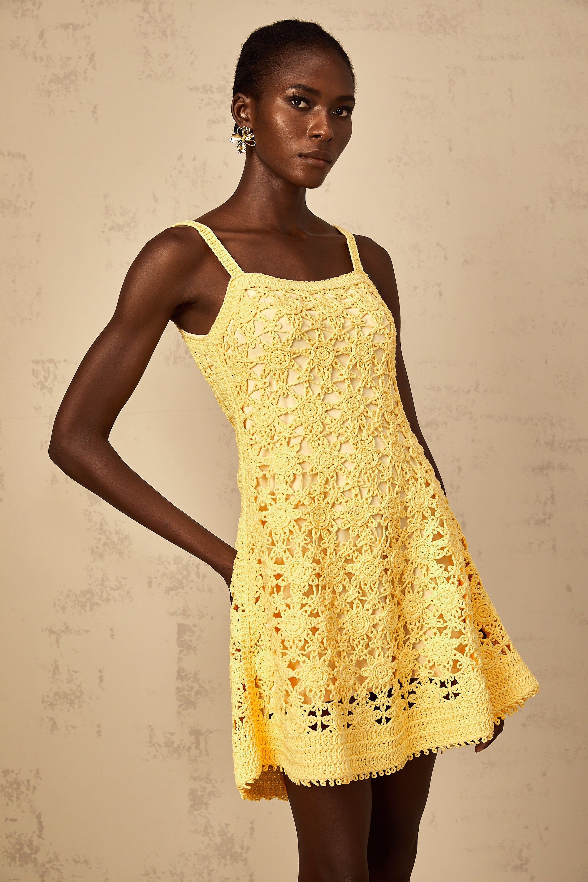 Isoline Yellow Flared Crochet Knit Mini Dress