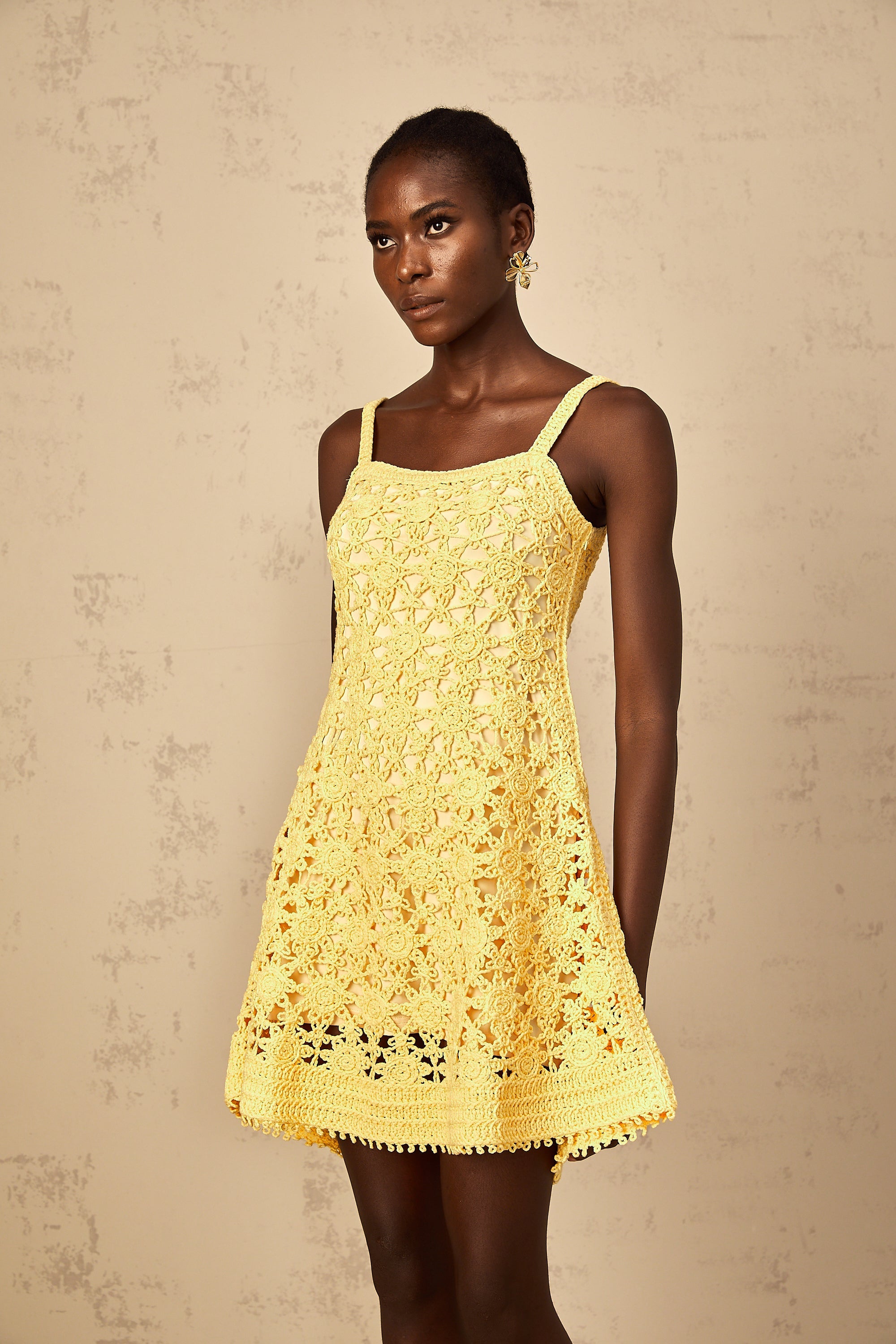 Isoline Yellow Flared Crochet Knit Mini Dress