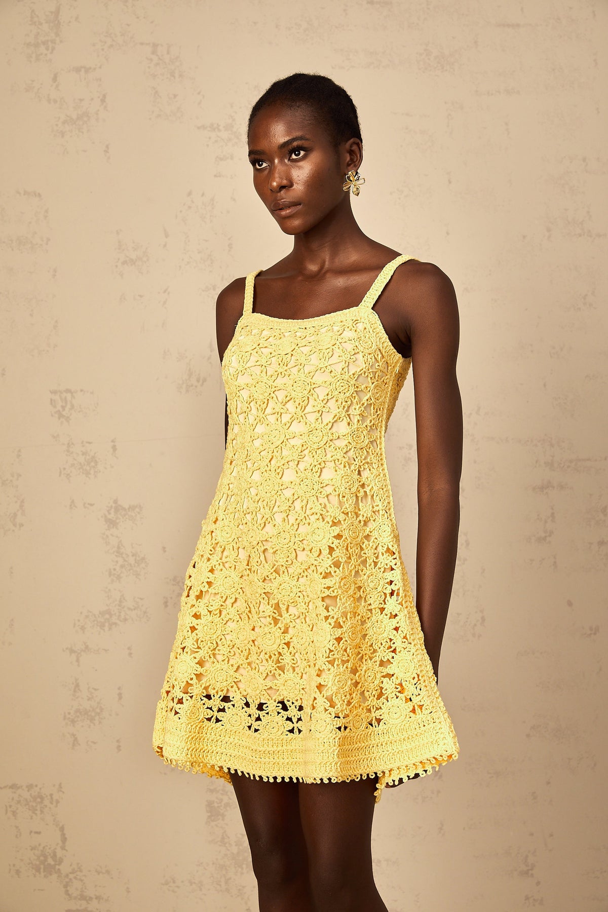 Isoline Yellow Flared Crochet Knit Mini Dress