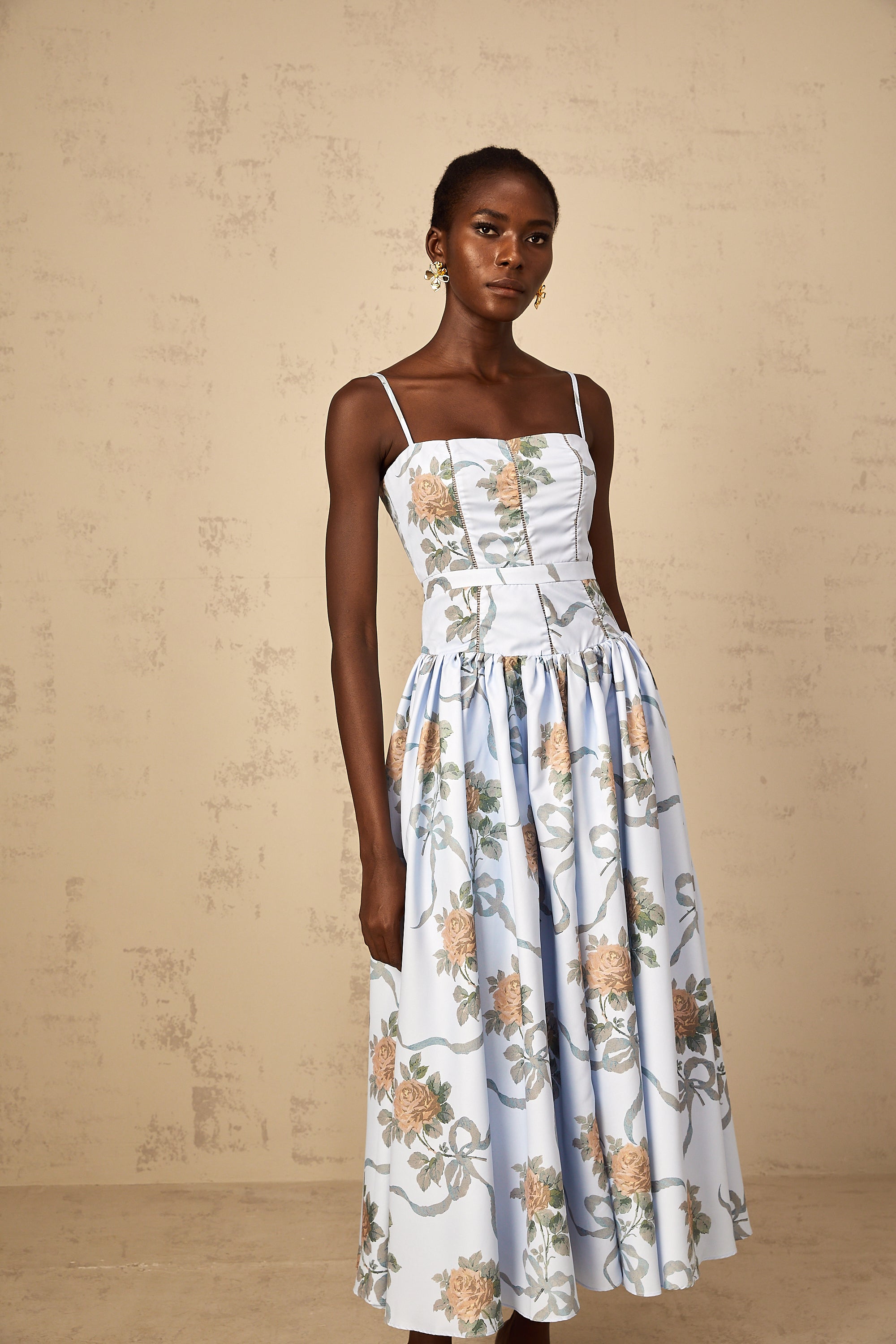 Fleur Blue Floral Print Midi Dress (Final Sale)
